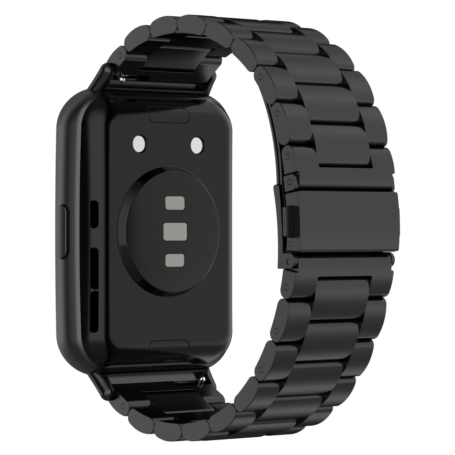 Schwarze Smartwatch mit schwarzem Metallarmband. Rückseite der Uhr sichtbar.