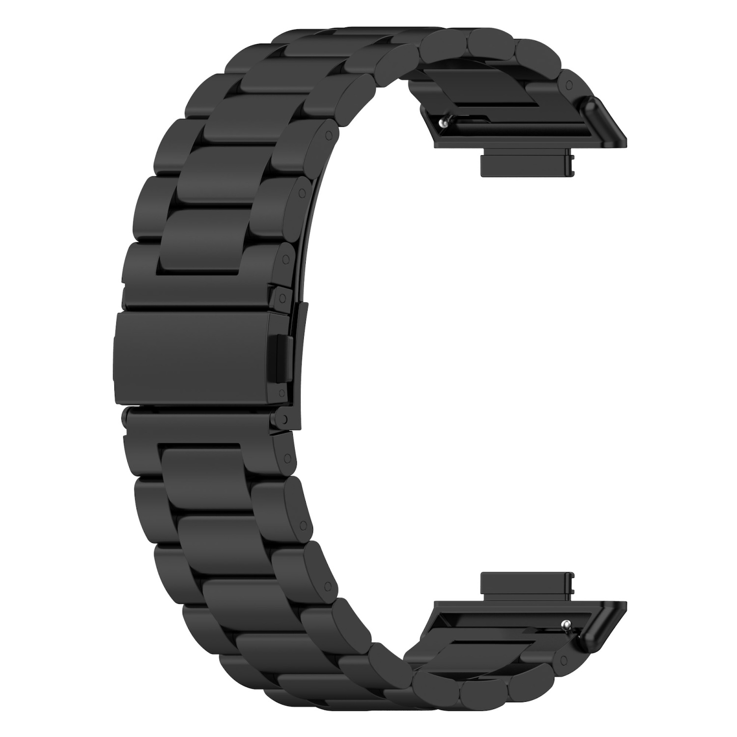 Schwarzes Uhrenarmband mit Verschluss, abgenommen. Das Band besteht aus rechteckigen Metallgliedern.