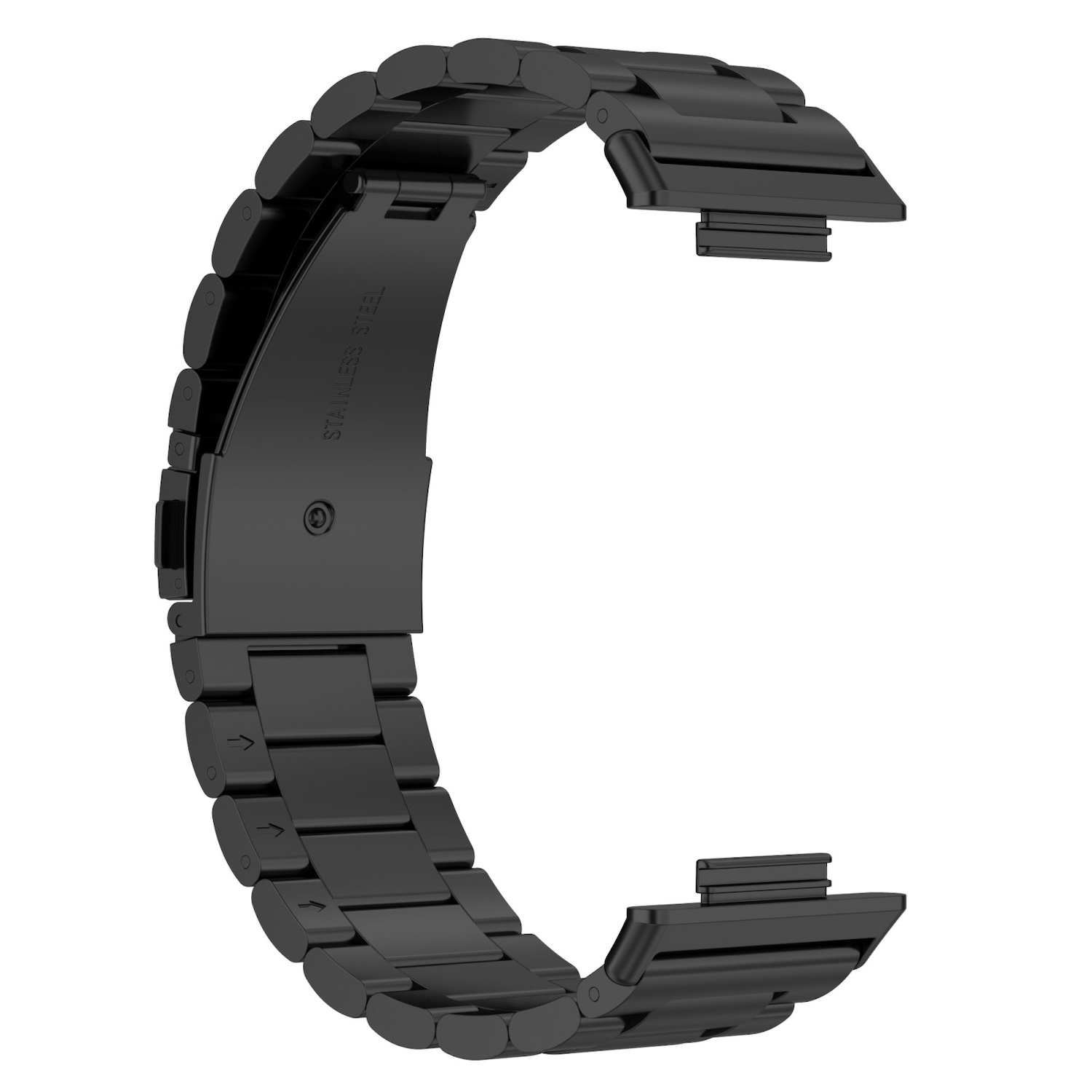 Ein schwarzes Uhrenarmband aus verbundenen Metallsegmenten, mit der Gravur 'STAINLESS STEEL'.