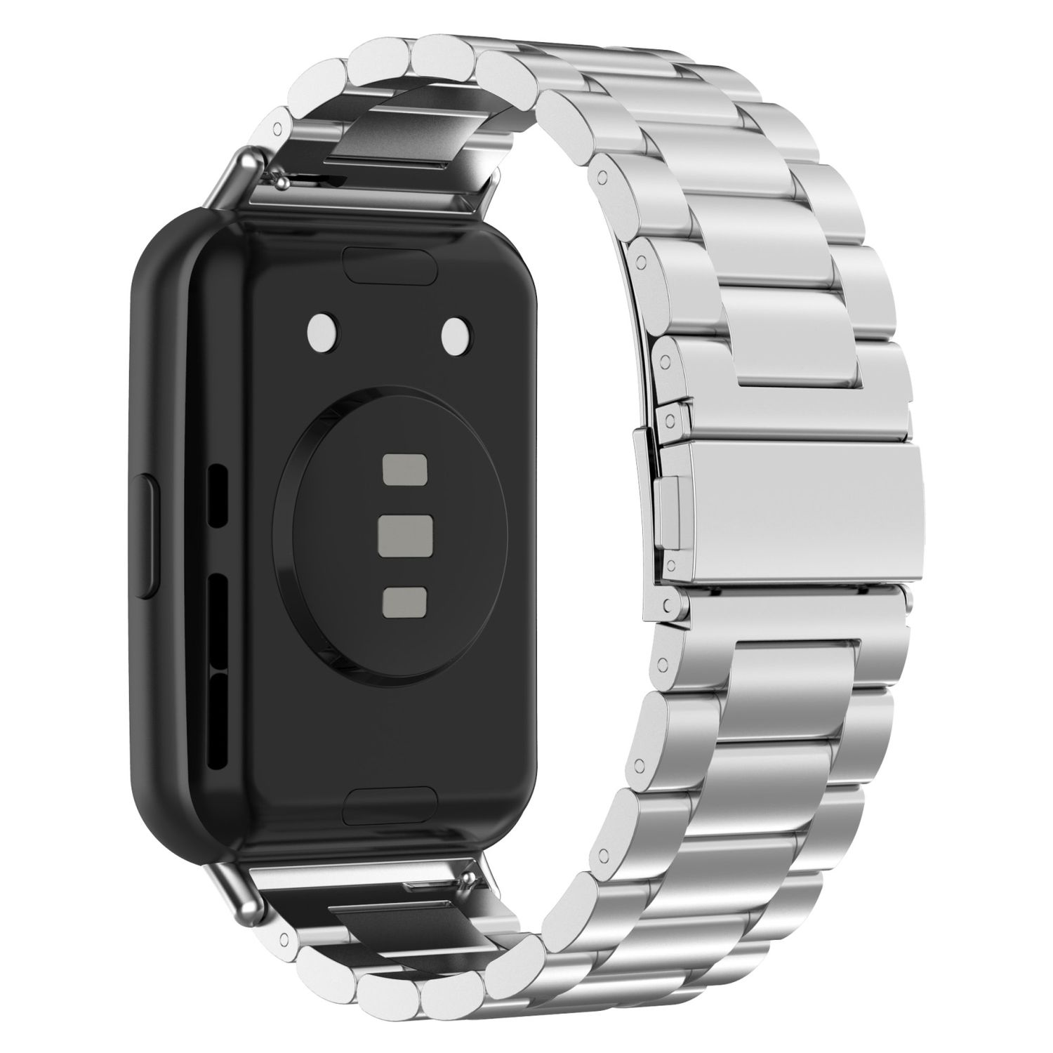 Schwarze Smartwatch mit silbernem Metallarmband, zeigt die Rückseite und einen Teil des Bands.