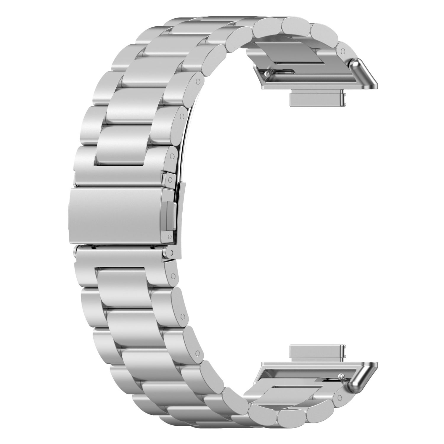 Ein silbernes Uhrenarmband aus verbundenen Metallsegmenten. Es ist C-förmig gebogen.