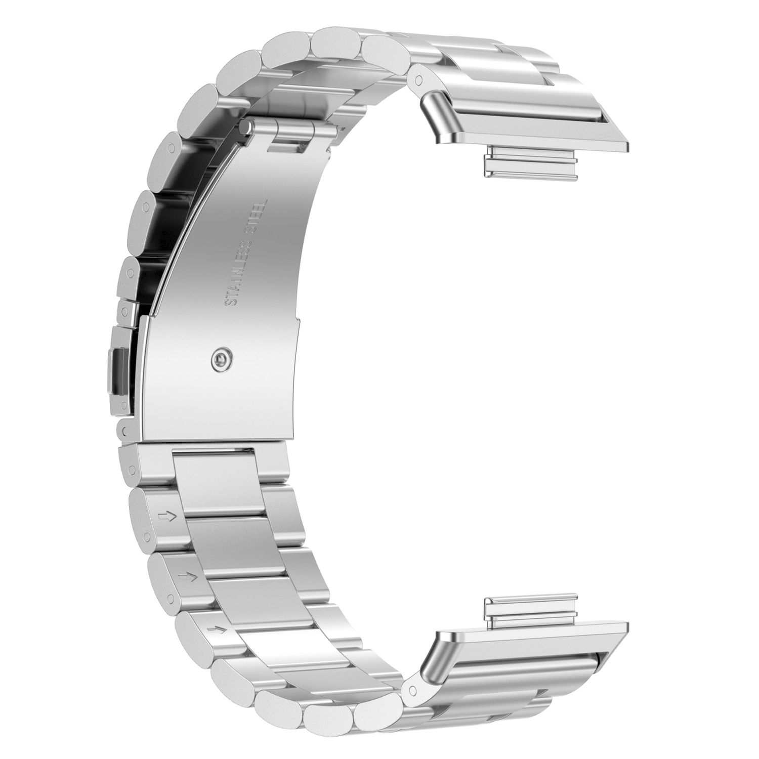 Silbernes Edelstahl-Armband, gebogenes Design, mit der Aufschrift 'STAINLESS STEEL'.
