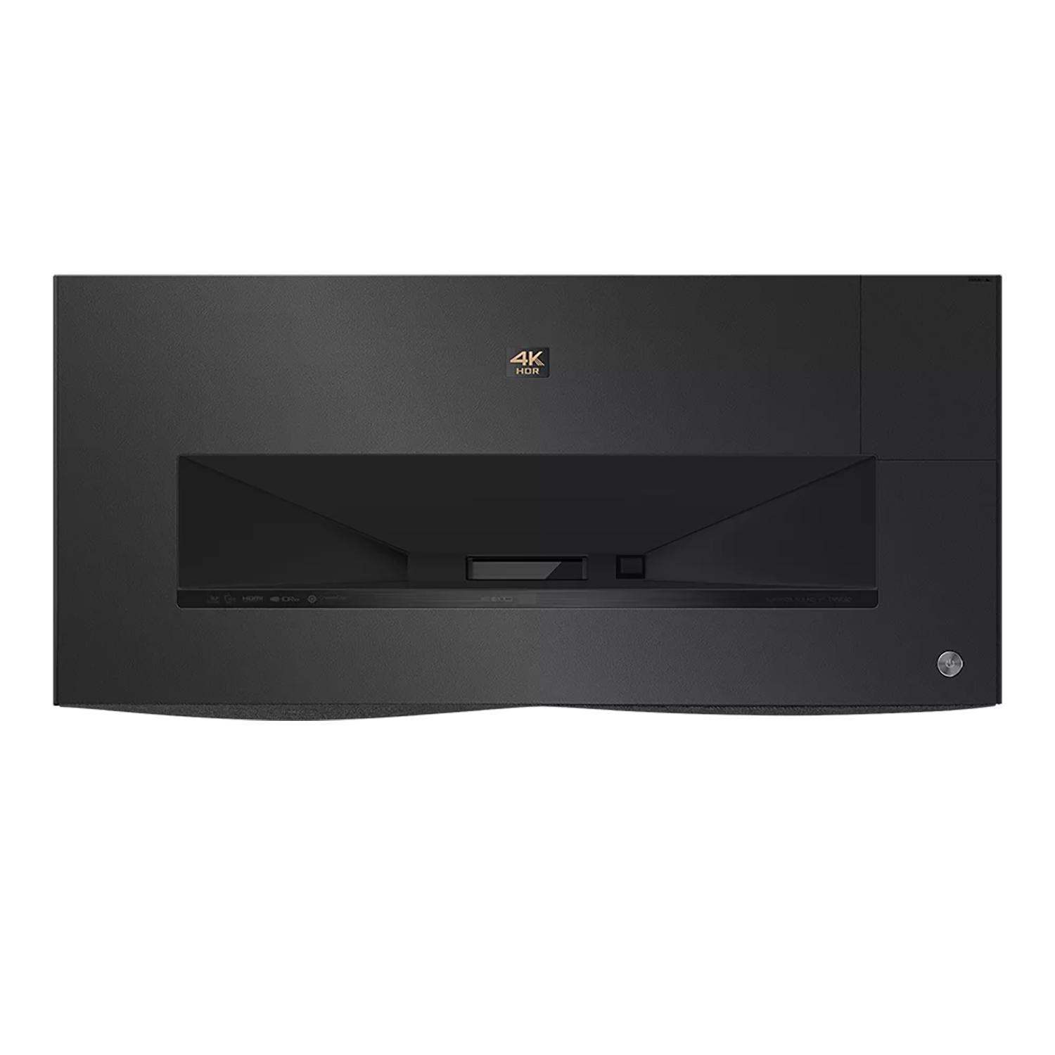 Proiettore nero con HDMI e altre porte su sfondo nero.