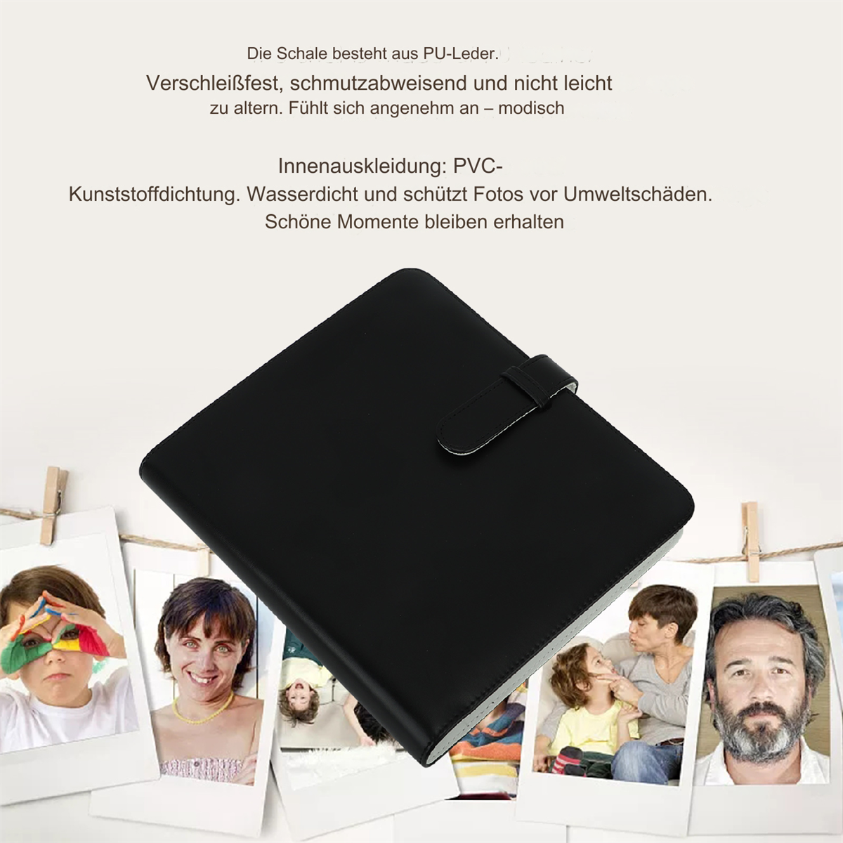 Schwarzes Fotoalbum mit Fotos, einem schwarzen Riemen und Text auf Deutsch im Hintergrund.