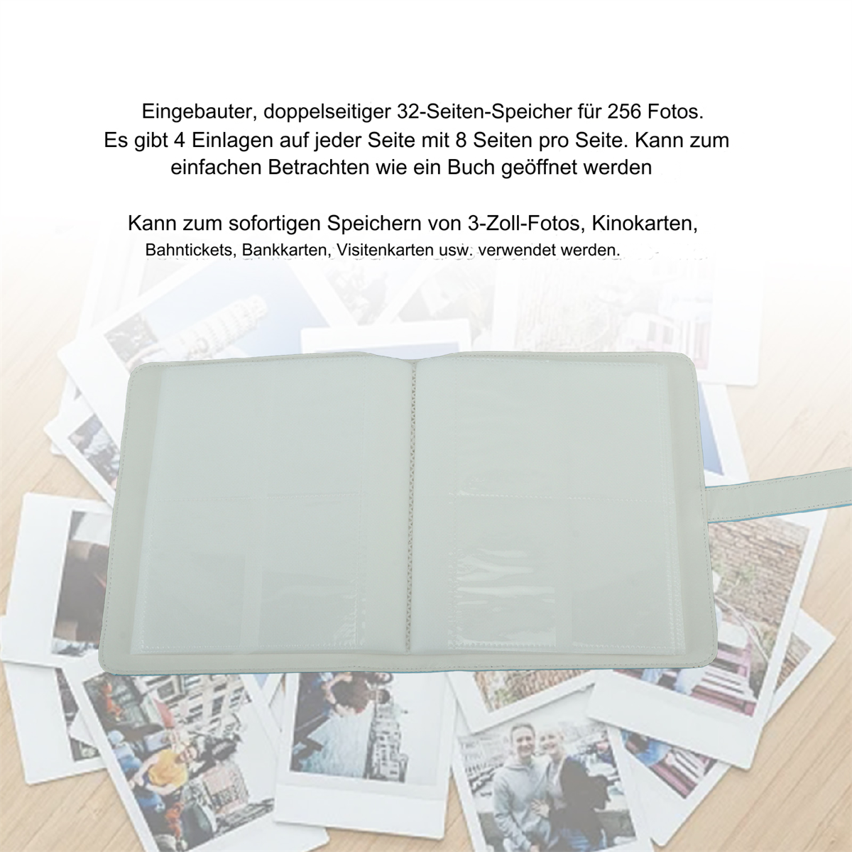 Album offen mit Fotos. Fotos sind darum verstreut. Das Album ist grau und hat einen blauen Riemen.