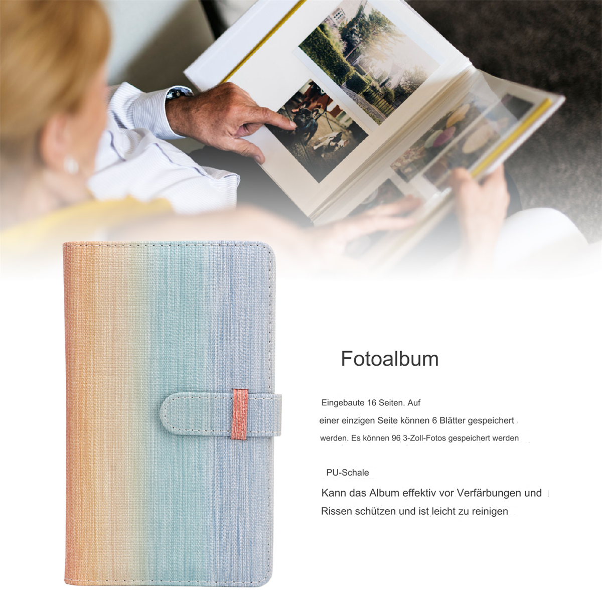 Ein Fotoalbum, geschlossen, mit mehrfarbigem Einband. Eine Person betrachtet ein ähnliches Album.