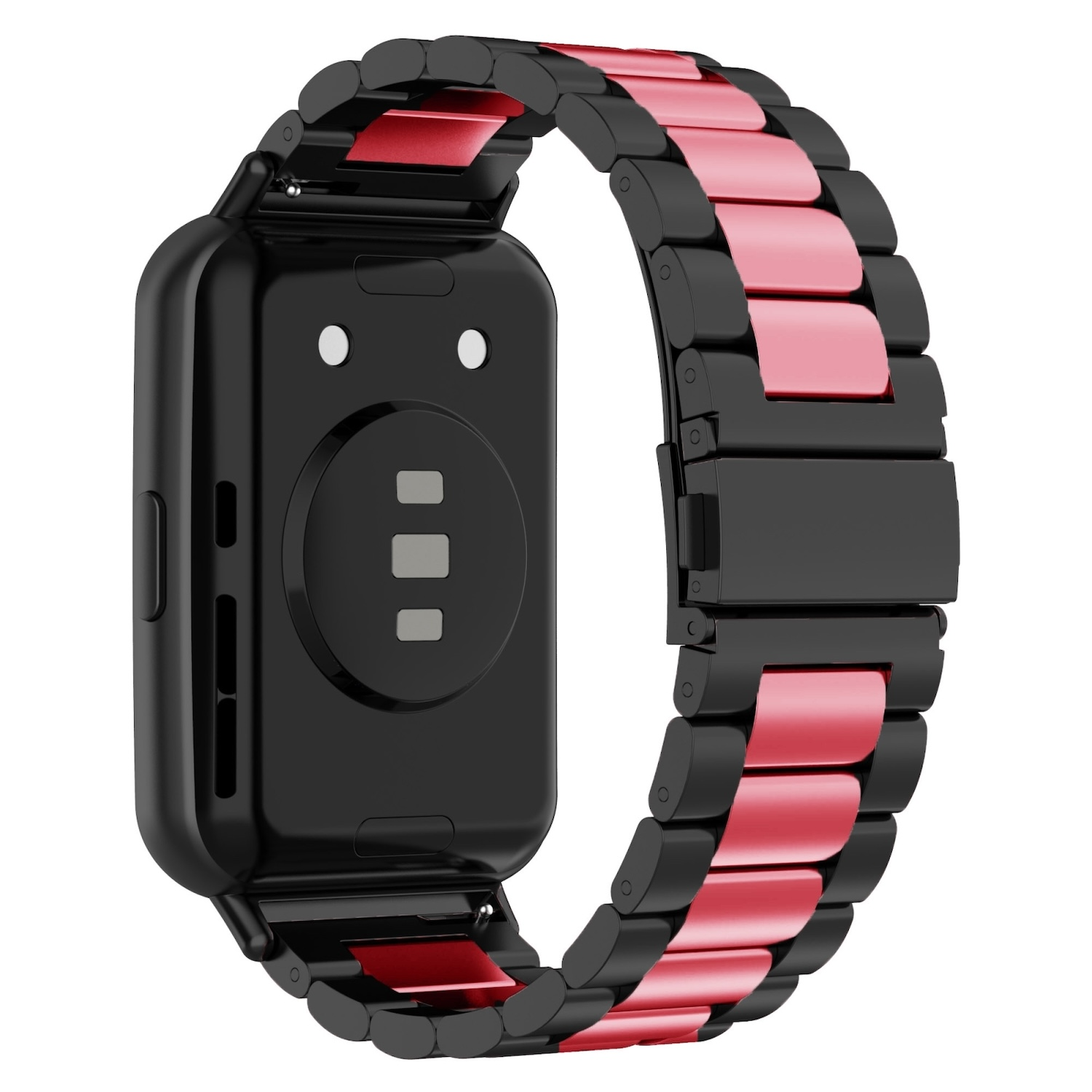 Smartwatch mit schwarzem Gehäuse und rot-schwarzem Armband, vor weißem Hintergrund.