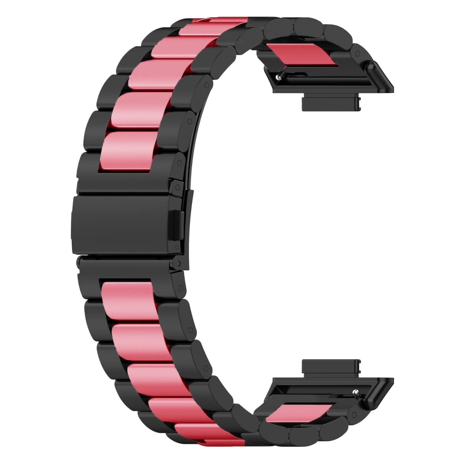 Armbanduhrarmband in Schwarz mit rosa Gliedern. Metallverschluss. Weißer Hintergrund.