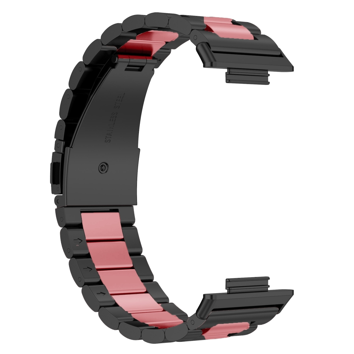 Uhrenarmband, schwarz mit rosa Akzenten. Edelstahl steht auf dem Band.