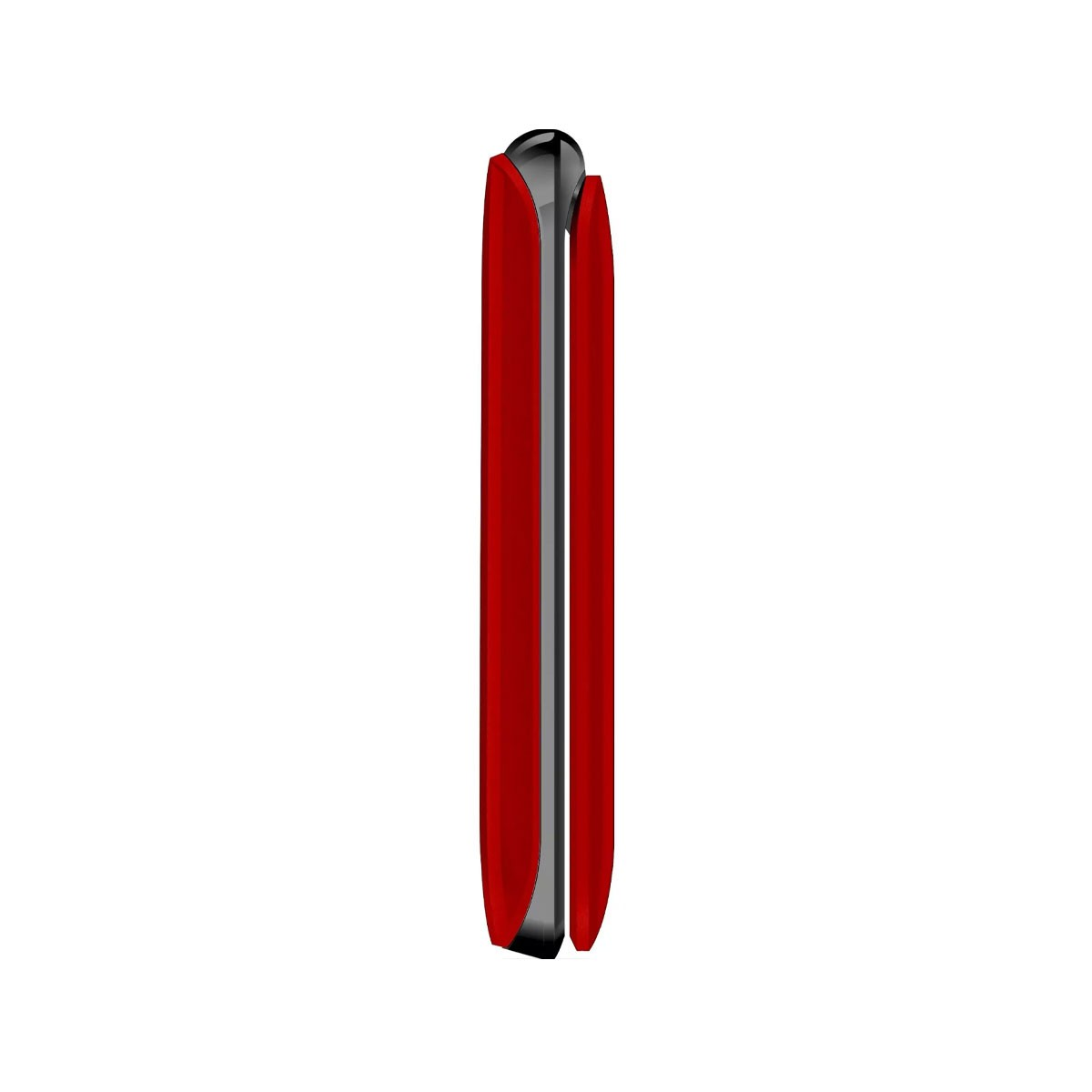 Un smartphone rojo y negro, vista lateral, con un diseño elegante y una superficie reflectante.