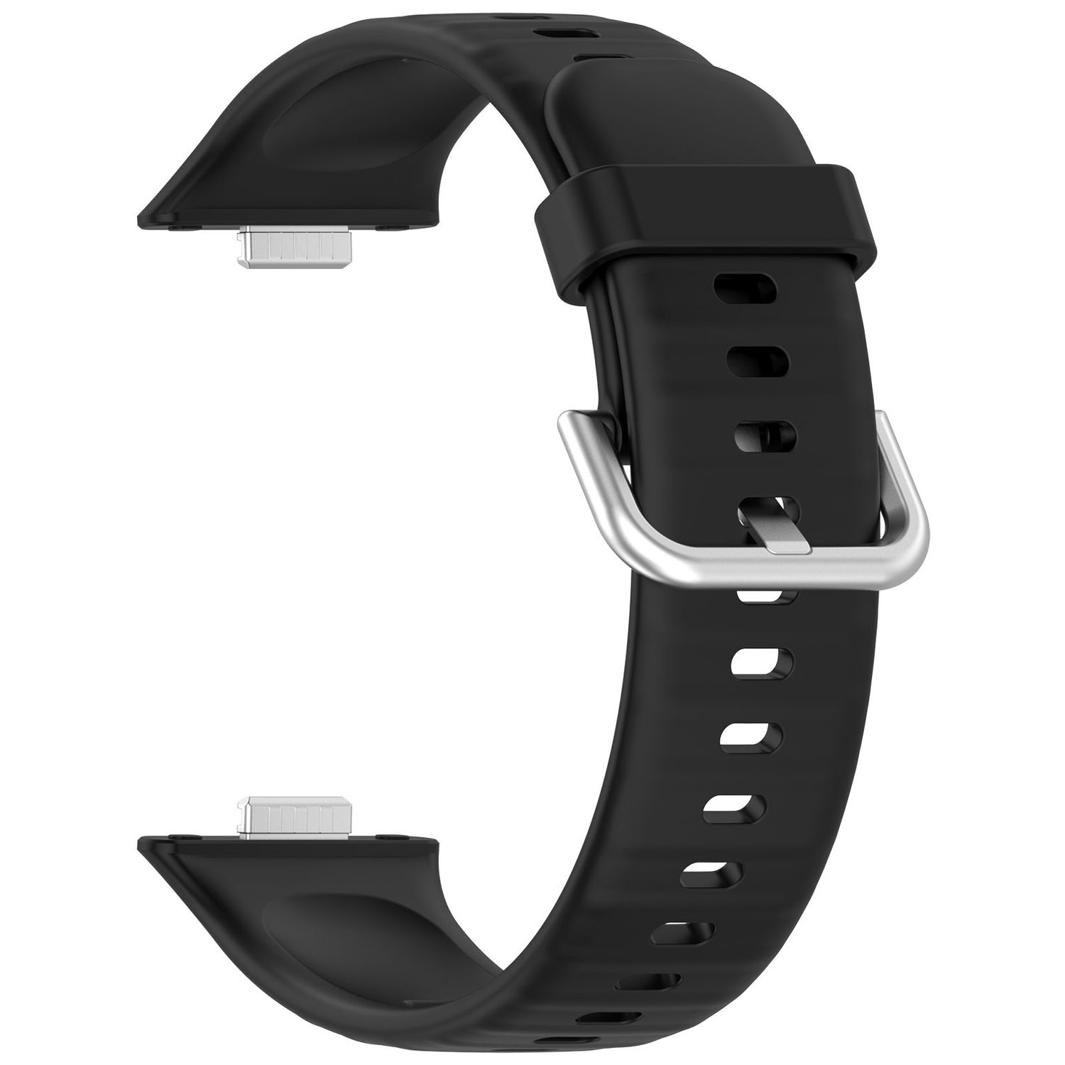 Ein schwarzes Uhrenarmband mit silberner Schnalle und Anschlüssen. Das Armband ist ausgelegt.
