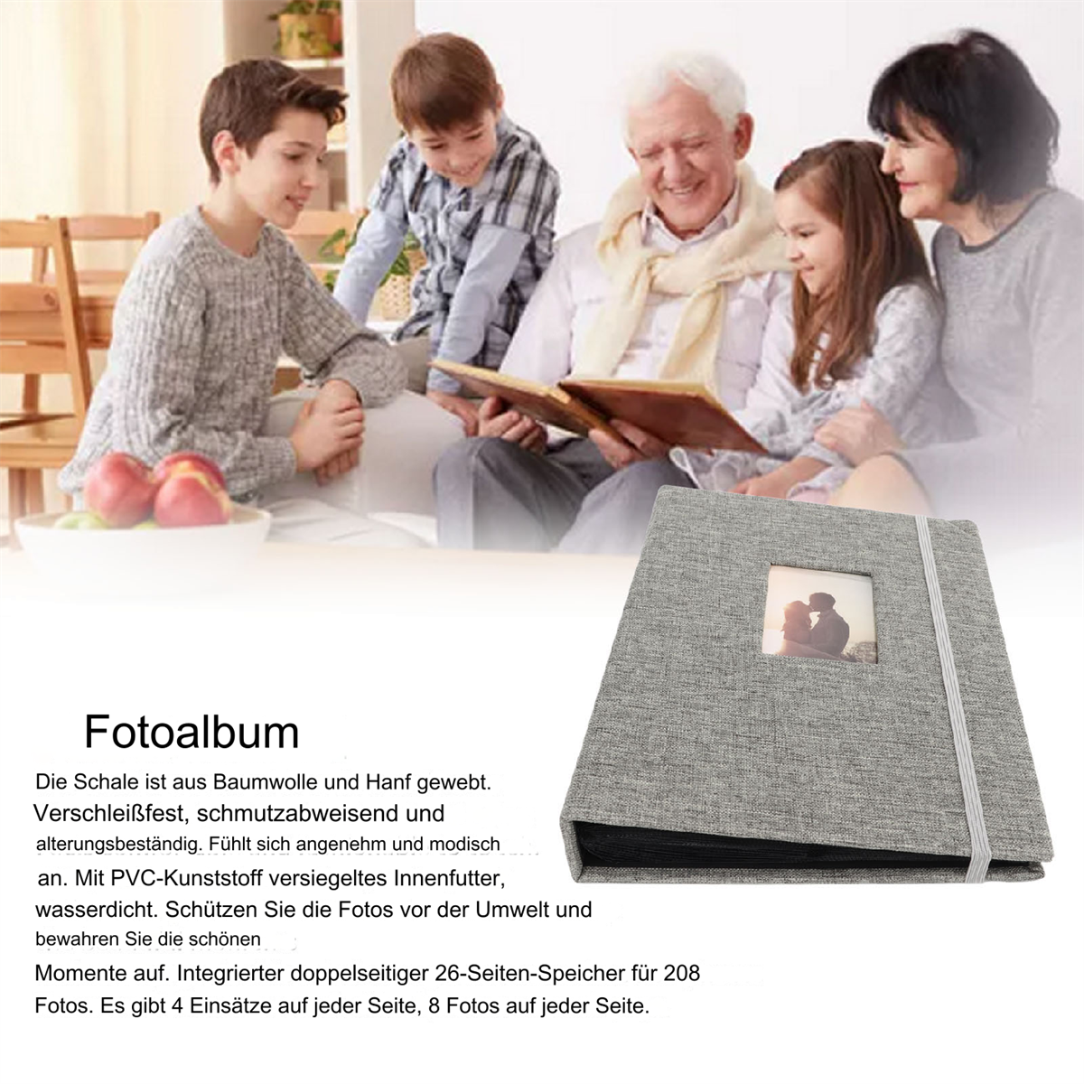 Graues Fotoalbum mit Bild. Personen lesen. Text auf Deutsch beschreibt das Fotoalbum und seine Eigenschaften.