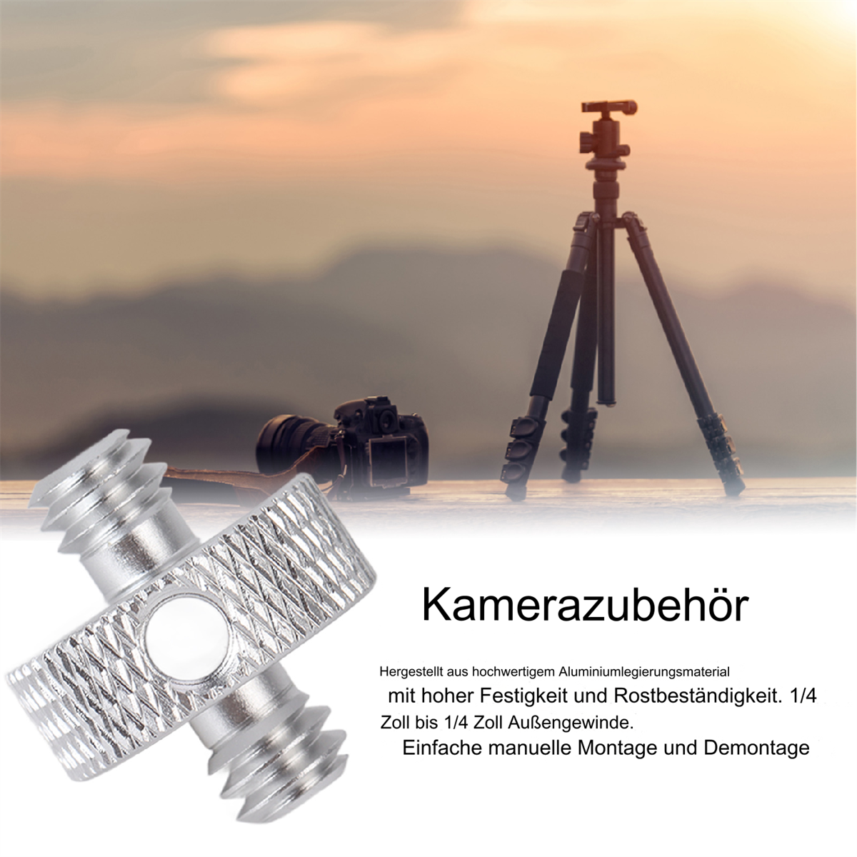 Silberner Metall-Kamerastativadapter mit Schraubgewinden vor verschwommenem Hintergrund.