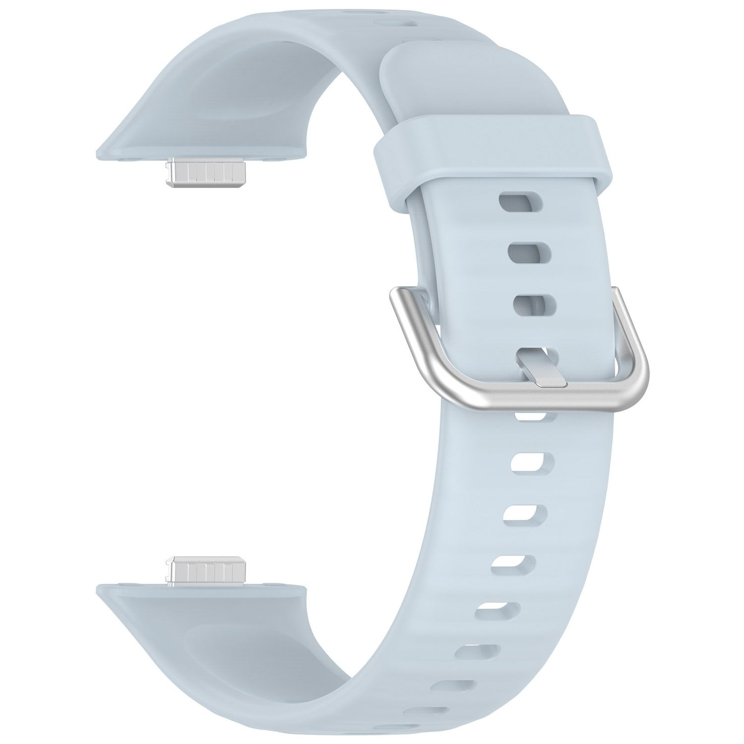 Hellblaues Uhrenarmband mit silberner Schnalle und silbernem Anschluss.