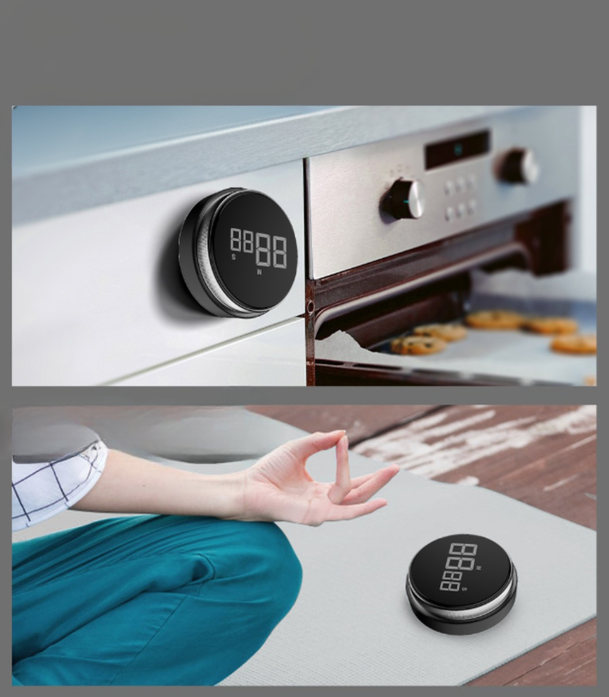 Schwarzer Timer auf Oberfläche, Hände in Yoga-Mudras. Hintergrund zeigt Timer auf Gerät.