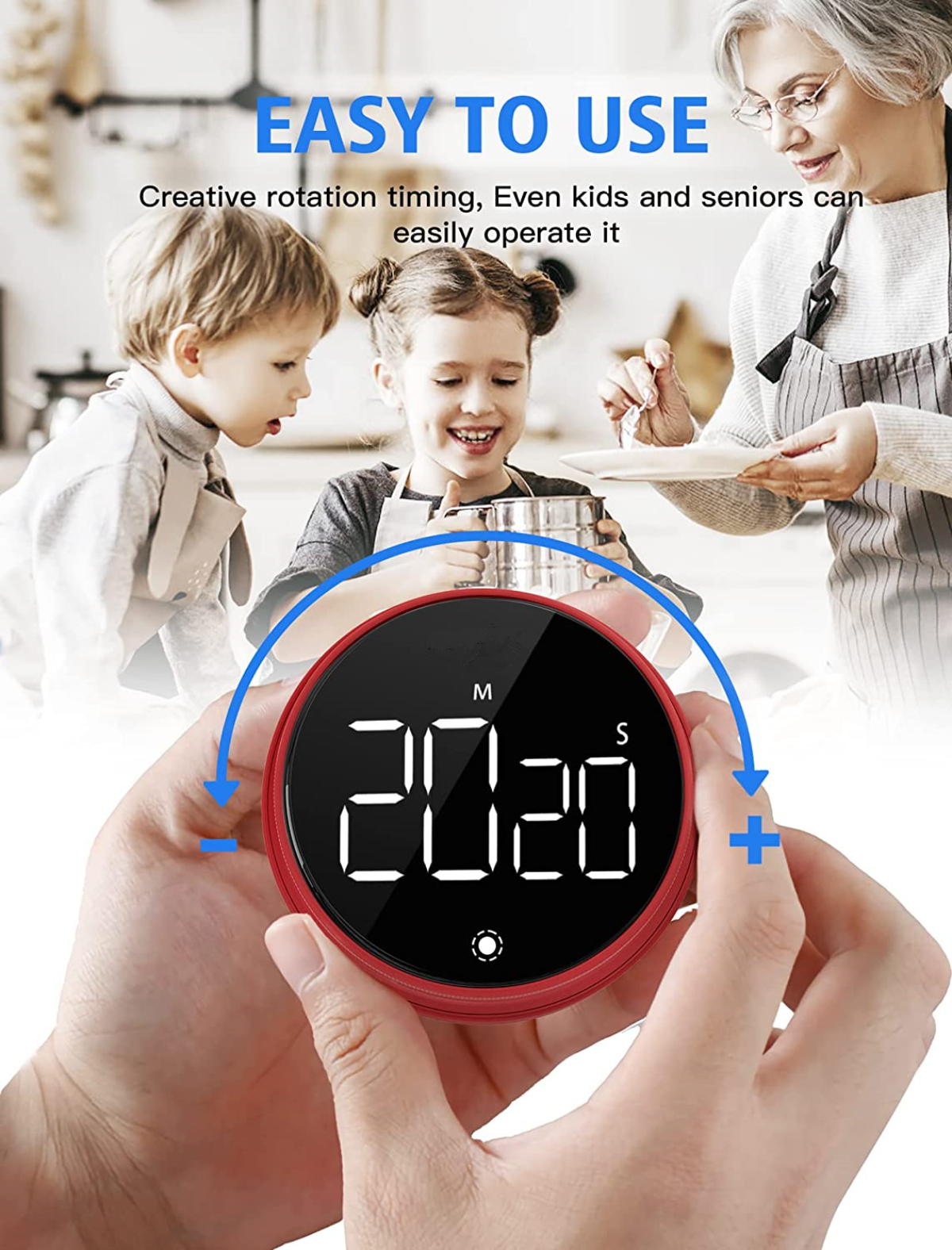 Ein roter Timer mit Digitalanzeige, gehalten von Händen. Kinder und eine Seniorin im Hintergrund. Pfeile zeigen die Einstellung.