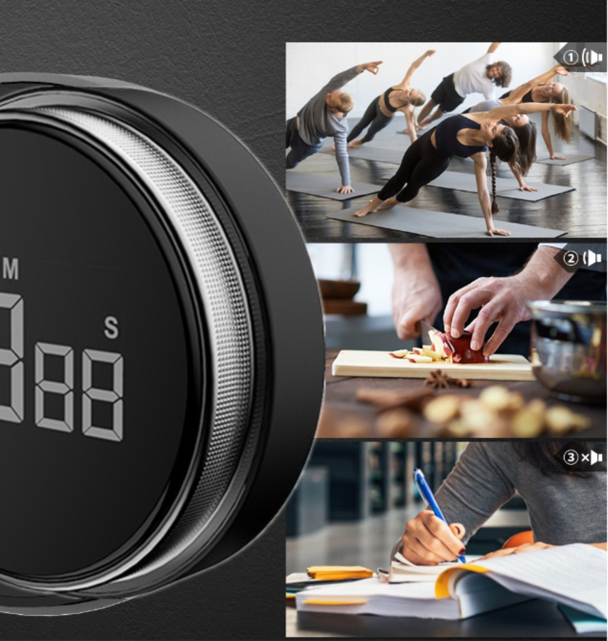 Schwarze Stoppuhr mit Bildern von Yoga, Kochen und Schreiben. Alles auf schwarzem Hintergrund.