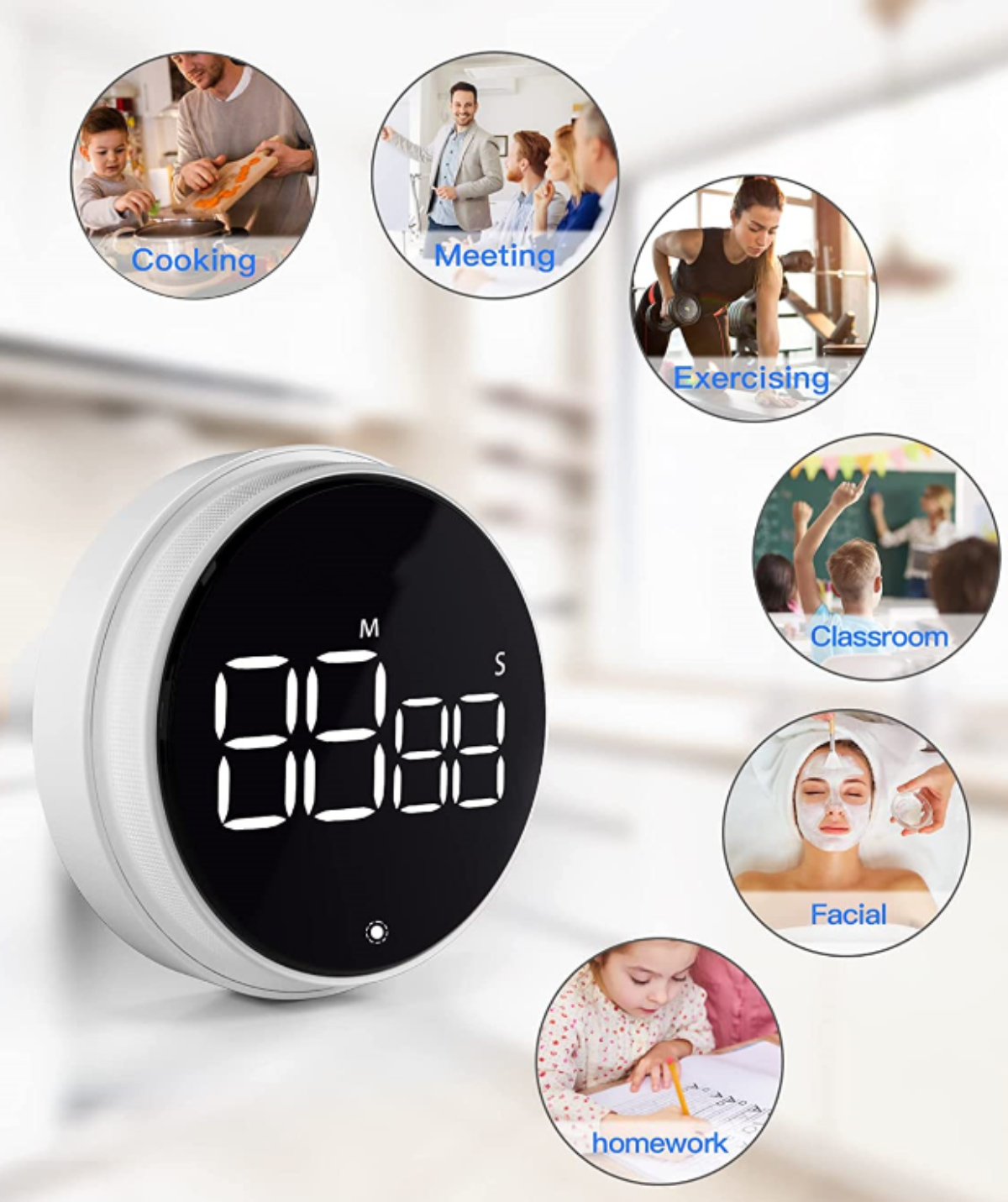 Weißer Timer mit Digitalanzeige, umgeben von Bildern verschiedener Aktivitäten.