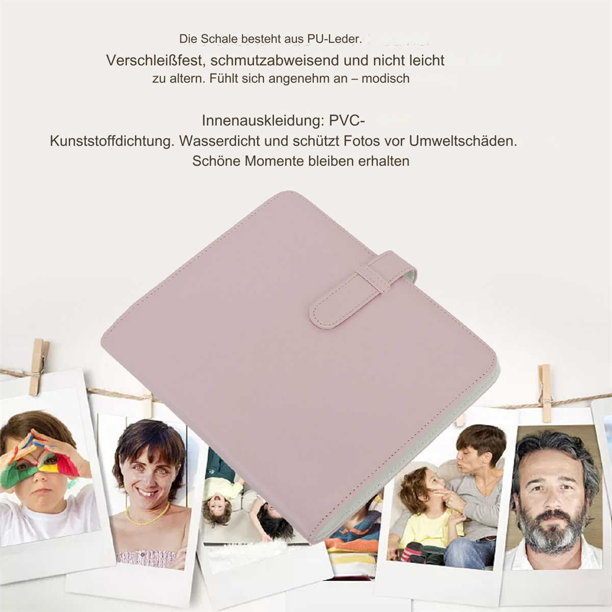 Ein rosa Fotoalbum mit darunter hängenden Fotos, gehalten von einer Schnur.