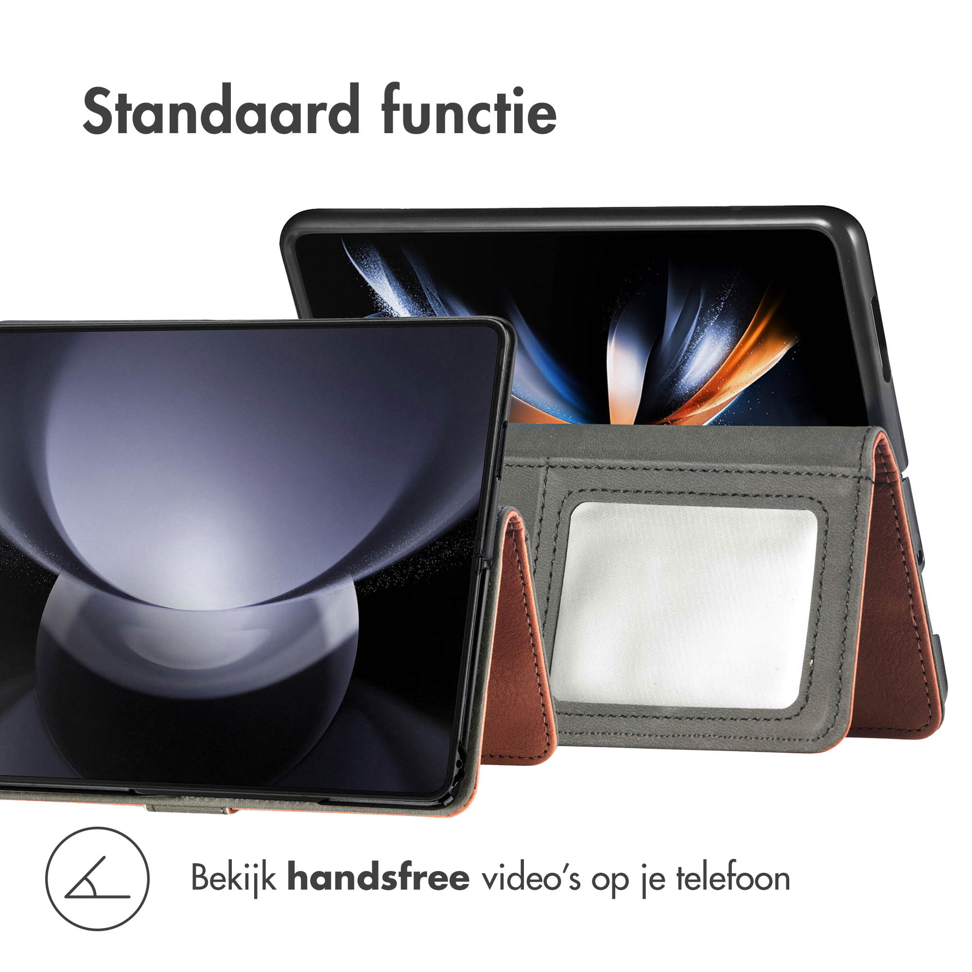 Een staande smartphone in een grijze hoes met bruine rand.