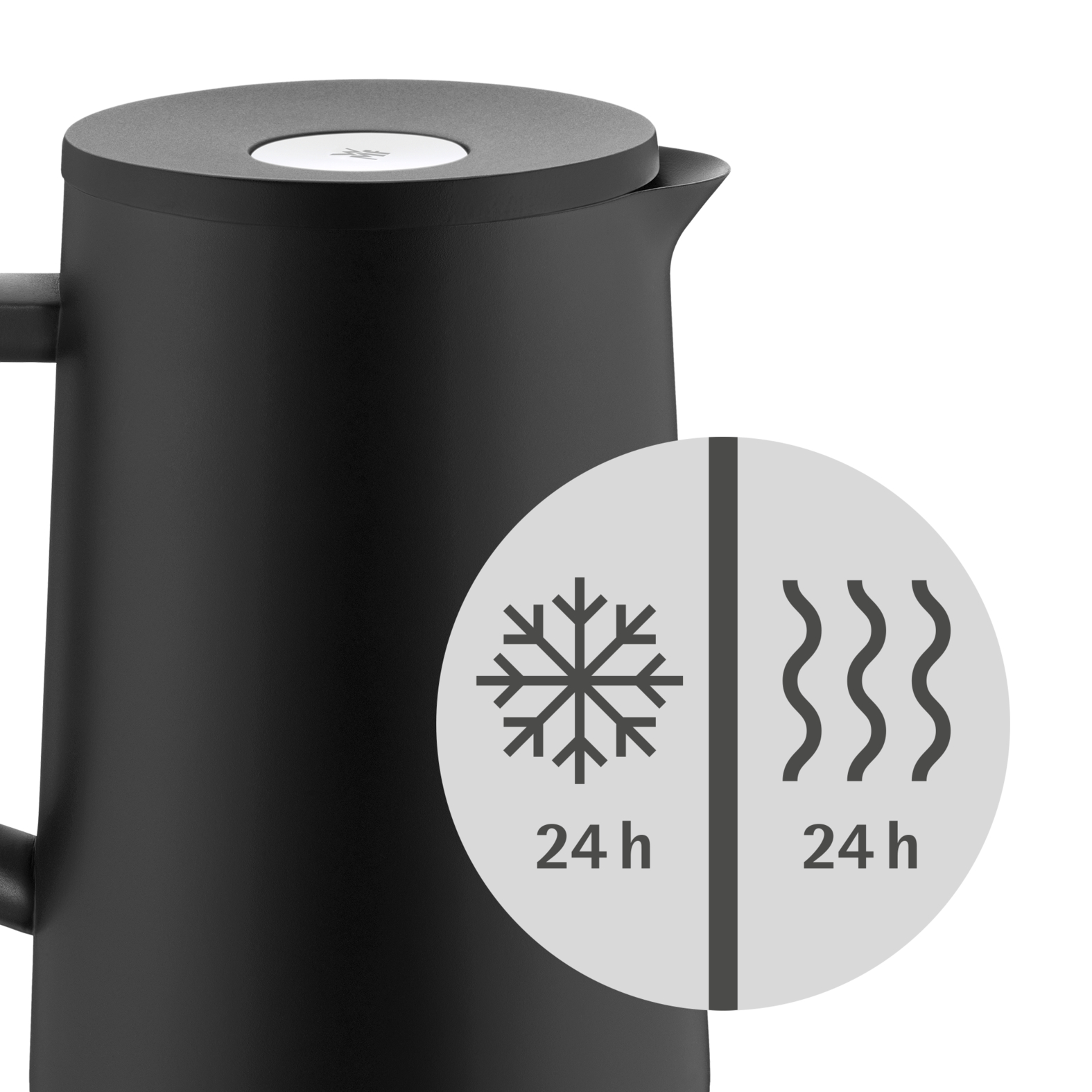 Une bouilloire noire avec un diagramme montrant la rétention de chaleur et de froid pendant 24 heures.
