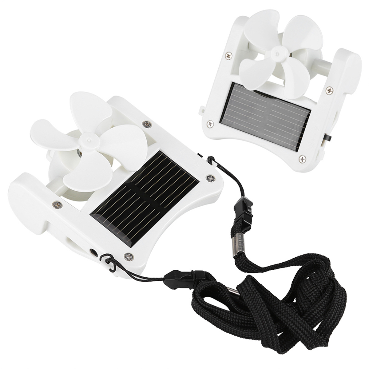 Zwei kleine weiße solarbetriebene Ventilatoren mit schwarzen Sonnenkollektoren und schwarzen Lanyards.