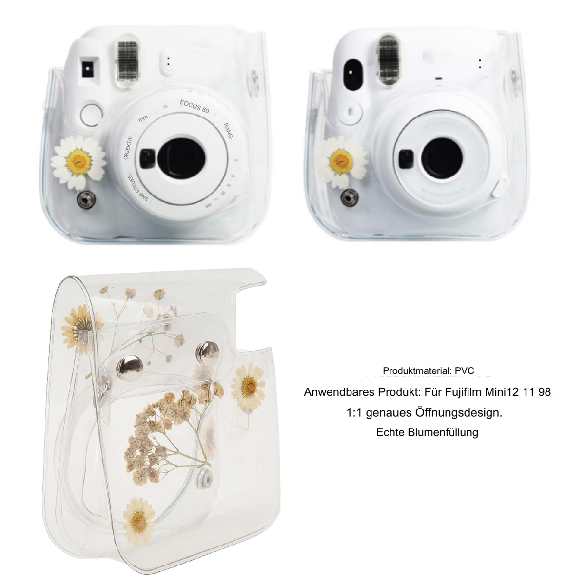 Weiße Kamera mit transparentem Cover und Gänseblümchen-Dekoration, transparente Hülle mit Blumen. Text über Produkt und Material.