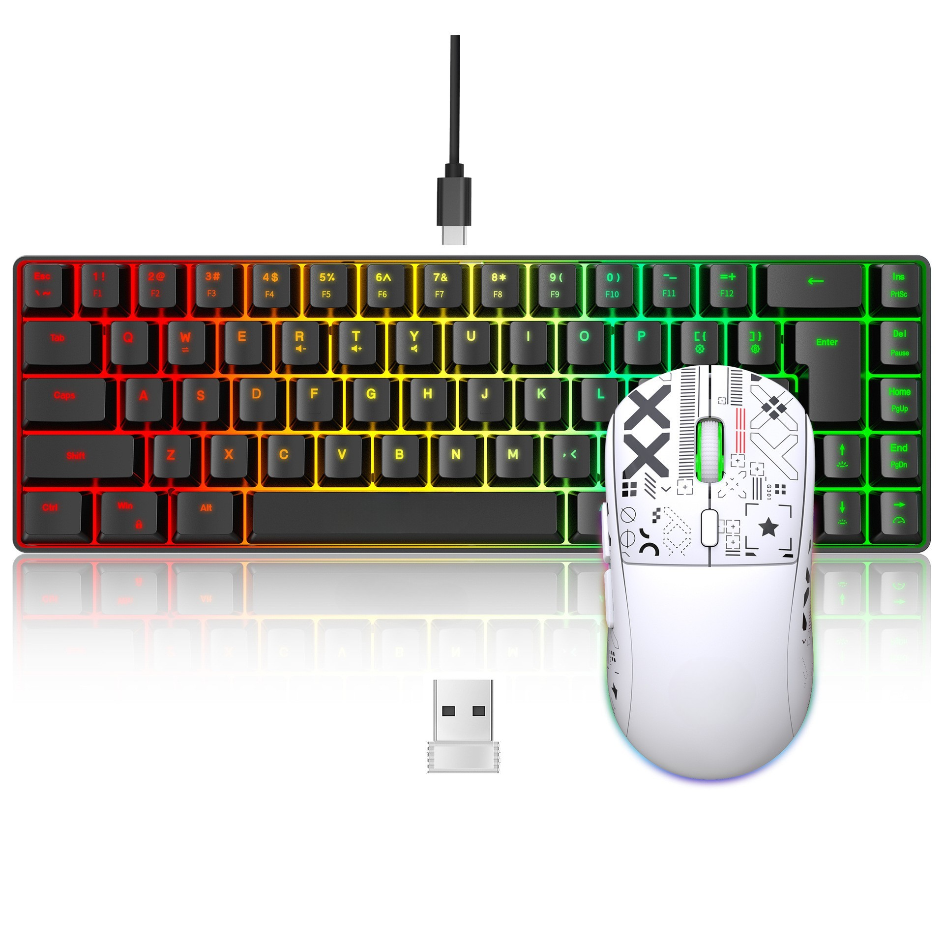 RGB-Gaming-Tastatur und weiße Maus mit bunten Lichtern.