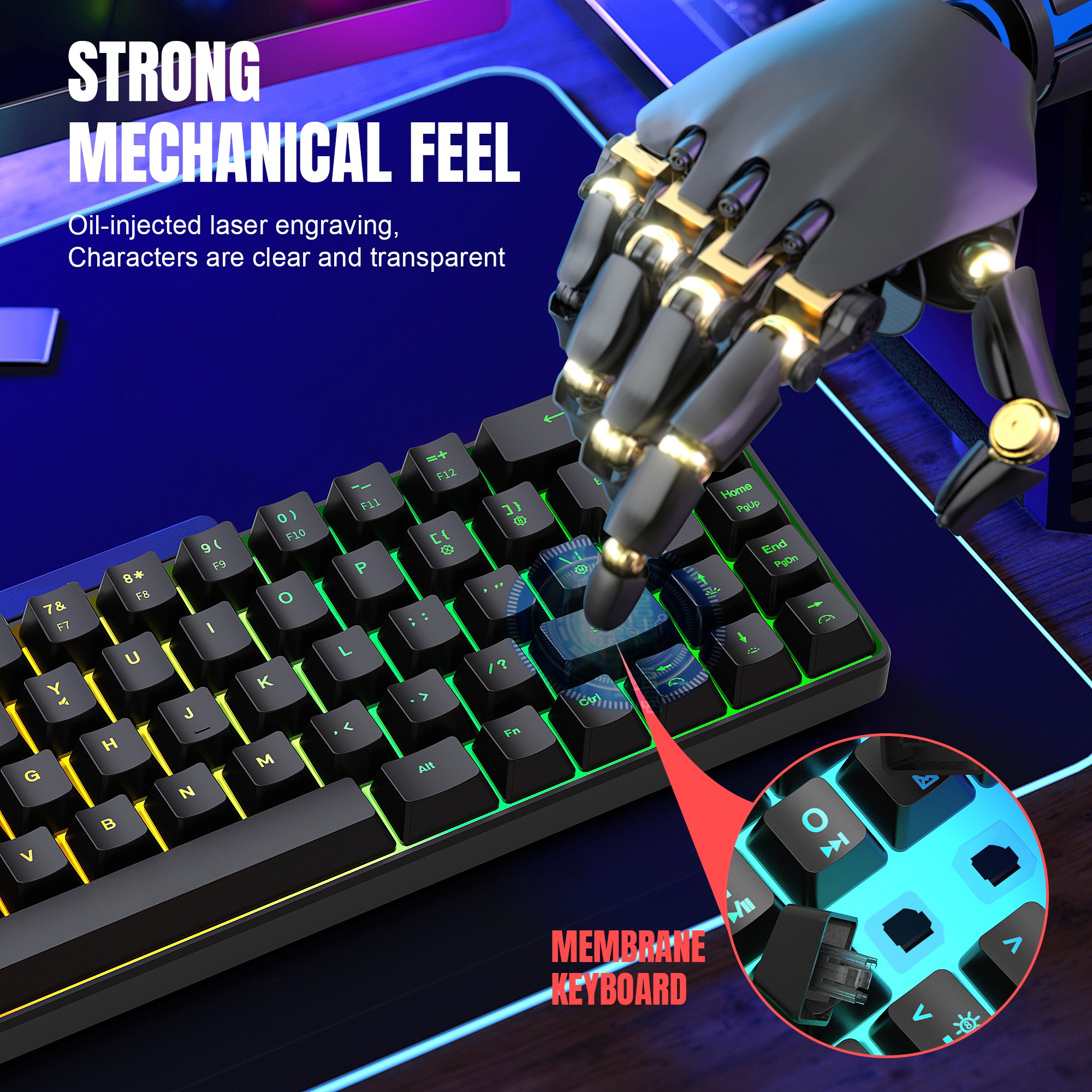 Eine Tastatur mit mechanischem Gefühl. Eine Roboterhand hebt die Tasten hervor.
