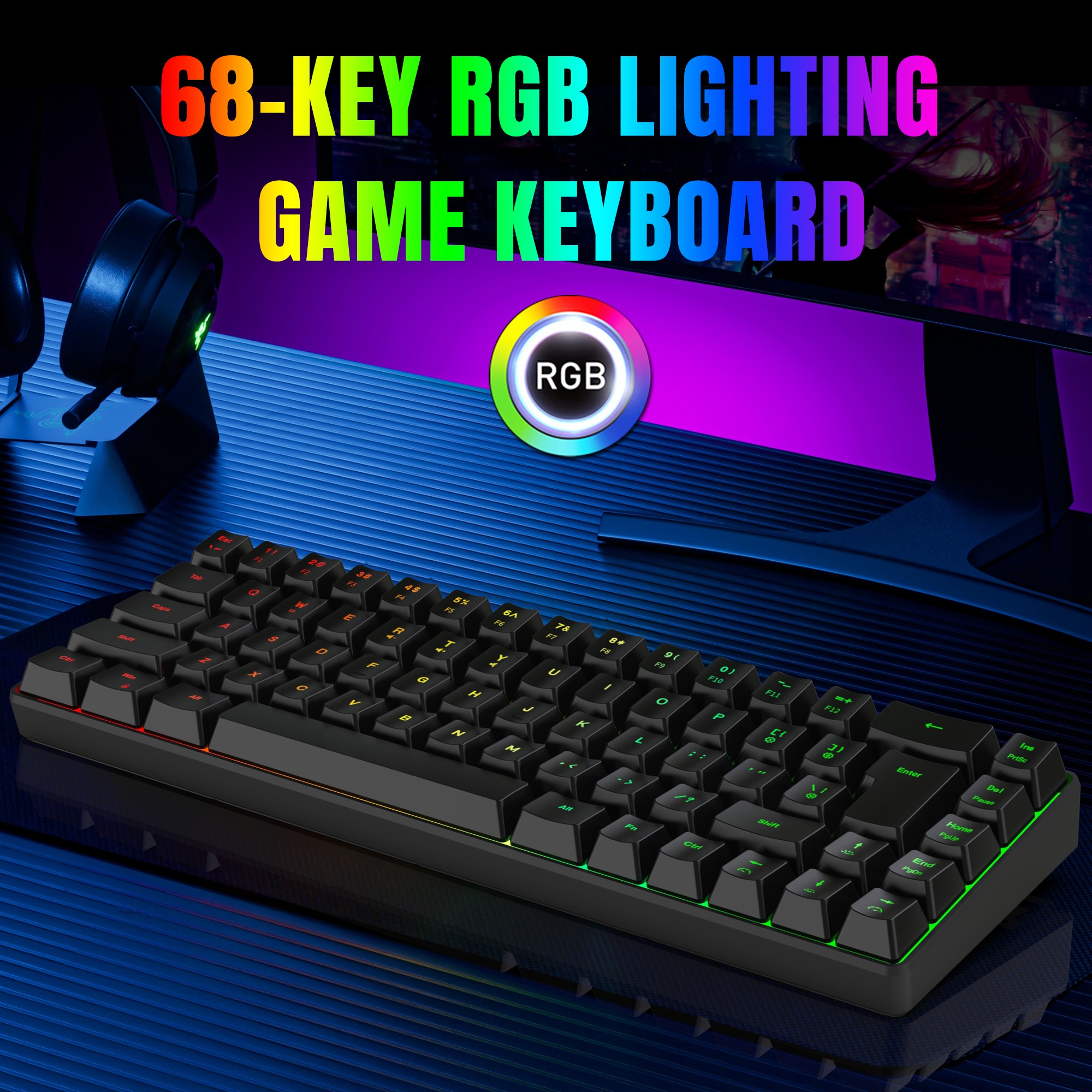 Schwarze Gaming-Tastatur mit farbenfroher RGB-Beleuchtung. Ein Headset ist oben links sichtbar.