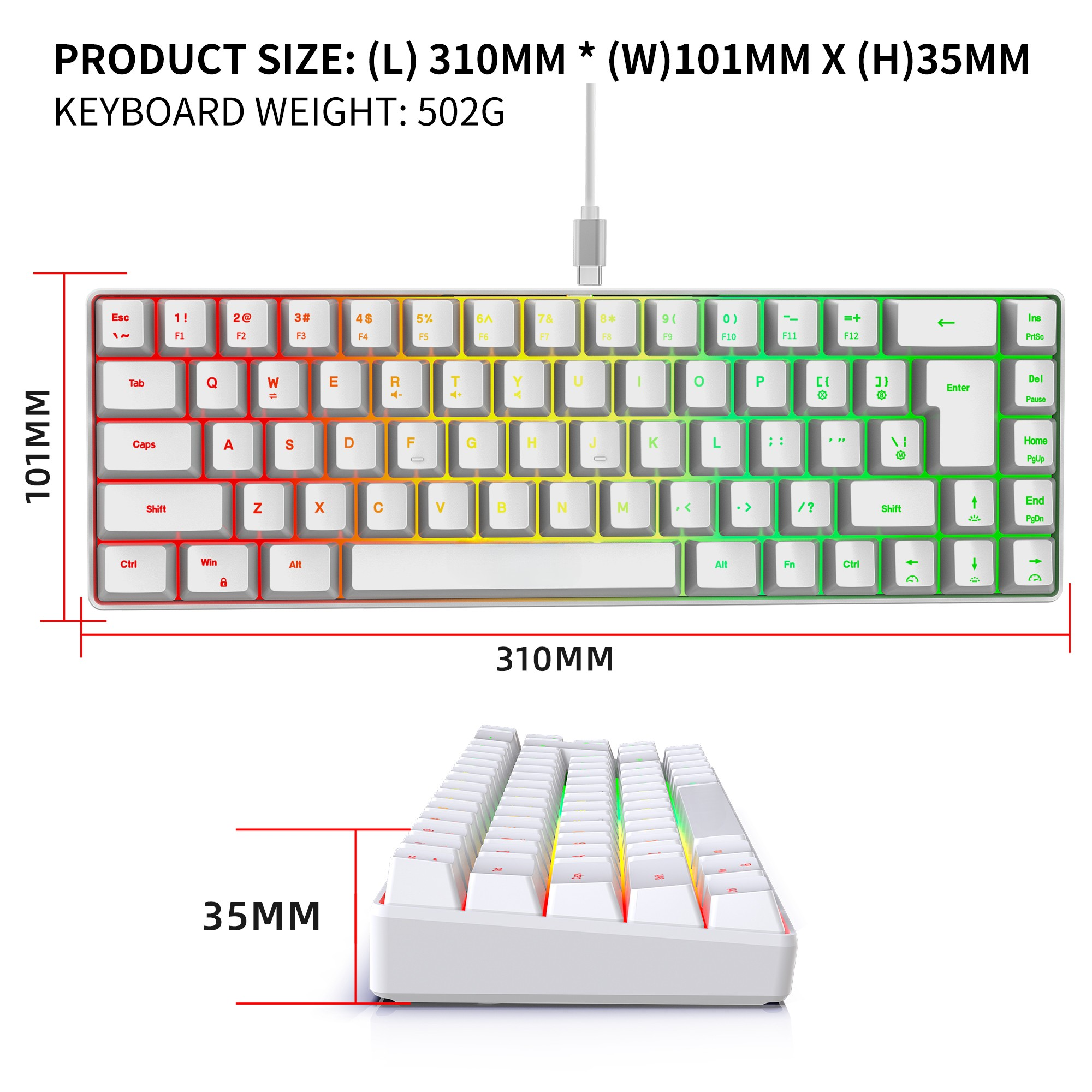 Weiße Tastatur mit farbigen Tasten. Abmessungen und Gewicht sind oben angegeben.