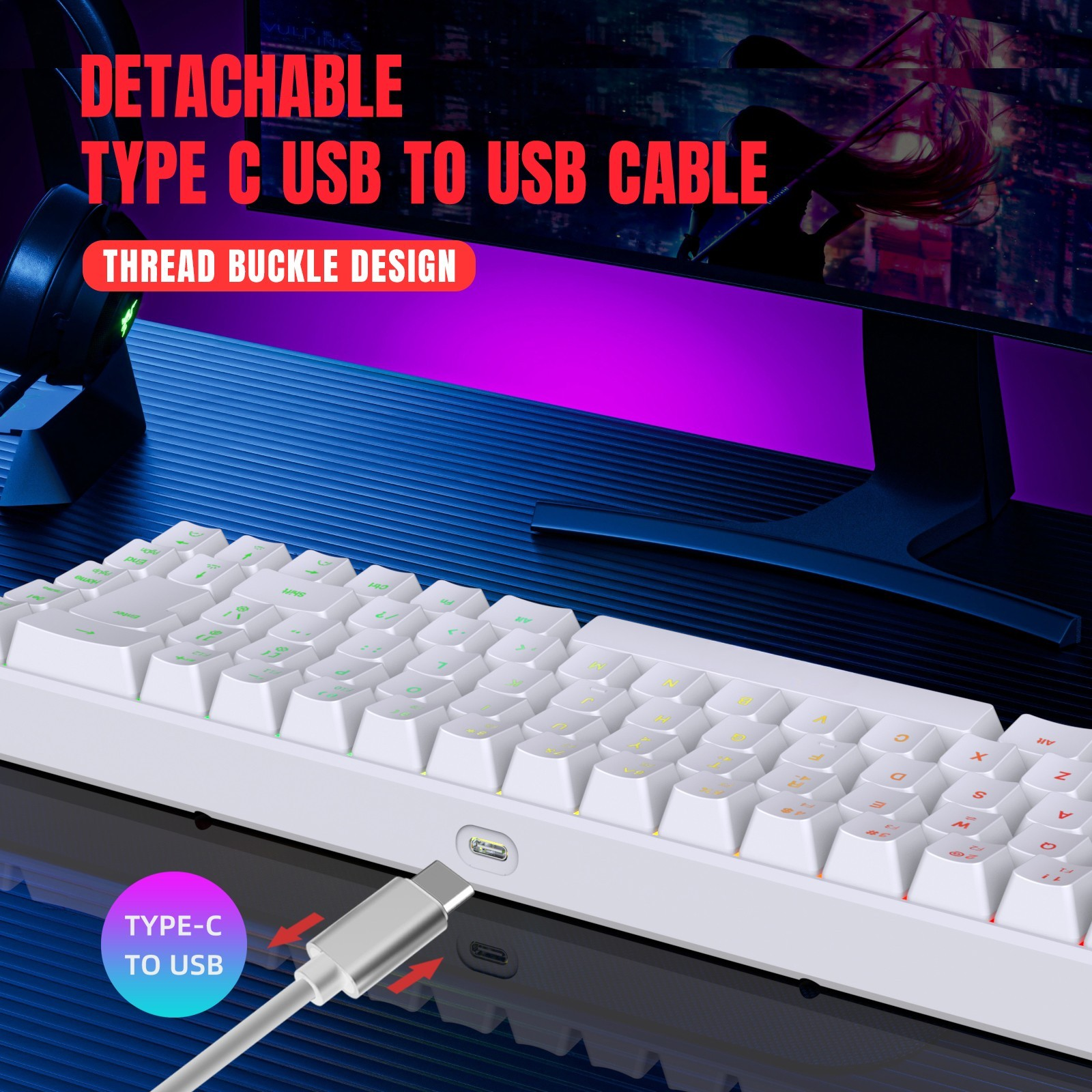 Weiße Tastatur mit angeschlossenem USB-C-Kabel. Text: Abnehmbares USB-C-zu-USB-Kabel.