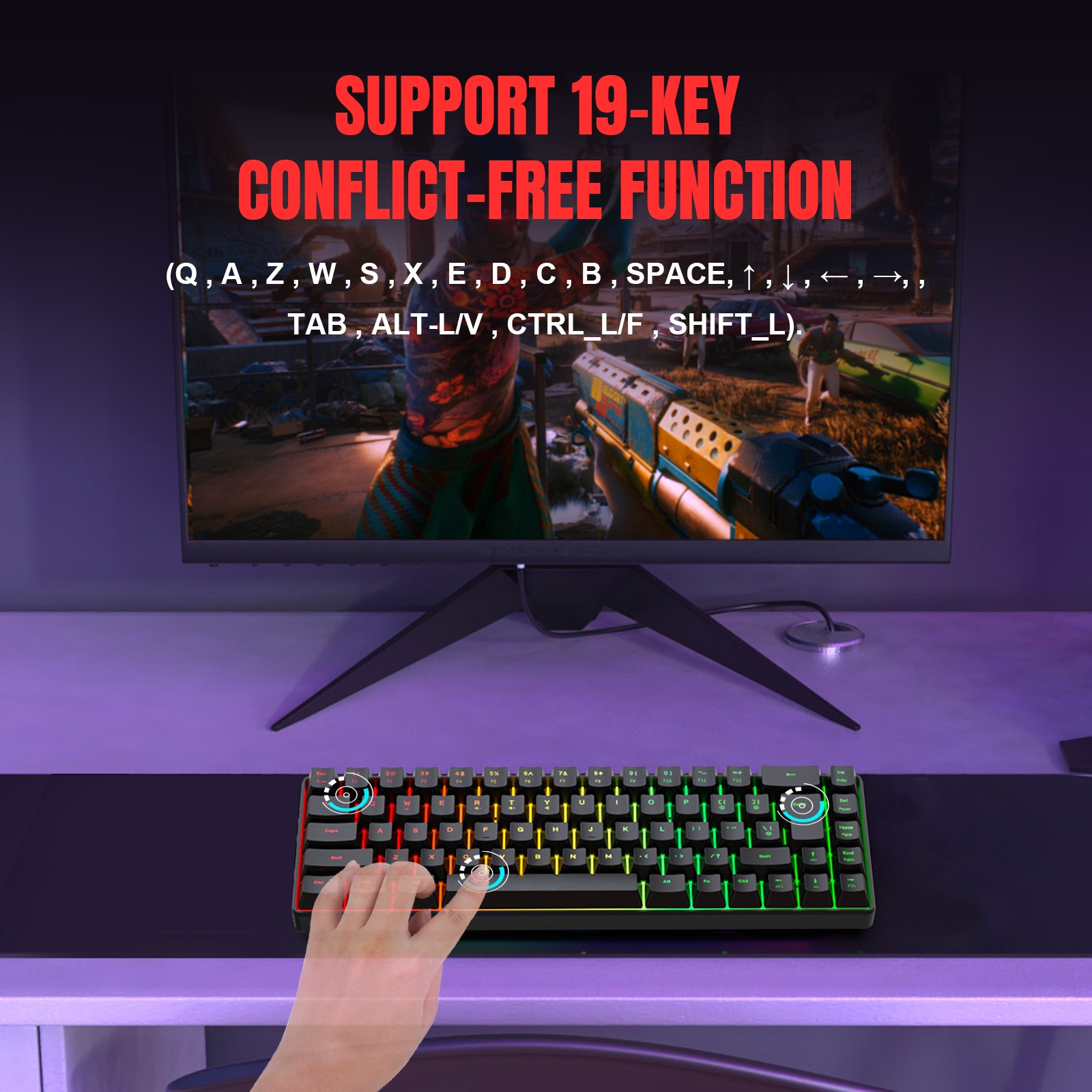 Gaming-Tastatur mit Bildschirm, der eine Spielszene und unterstützte Tasten anzeigt.