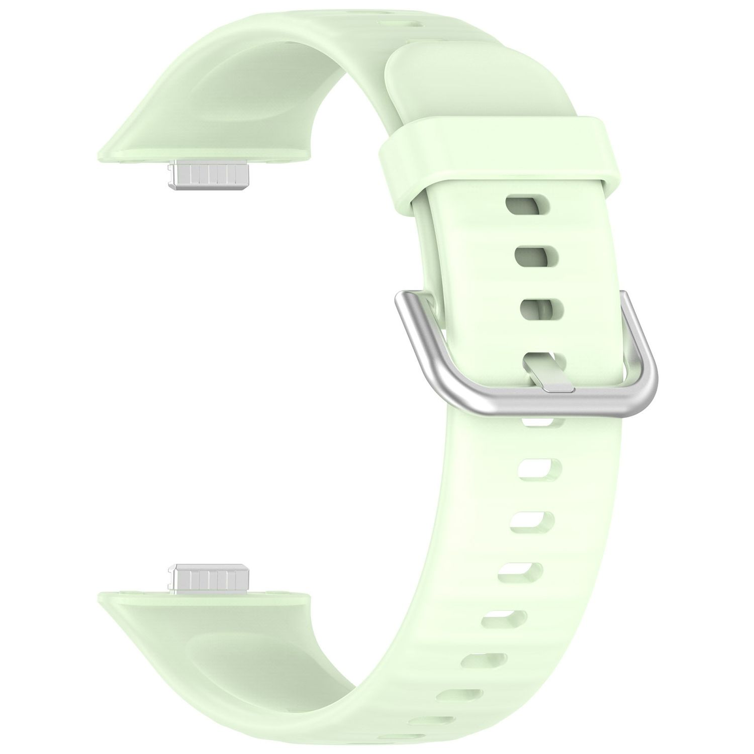 Hellgrünes Uhrenarmband mit silberner Schnalle und Verbindungspunkten für das Uhrengehäuse.