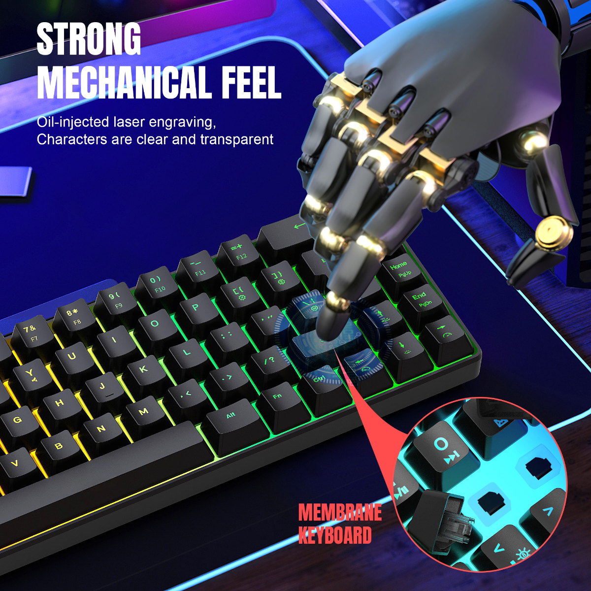Eine Tastatur mit mechanischem Gefühl, mehrfarbigen Tasten und einem rot hervorgehobenen Membrantastaturdetail.