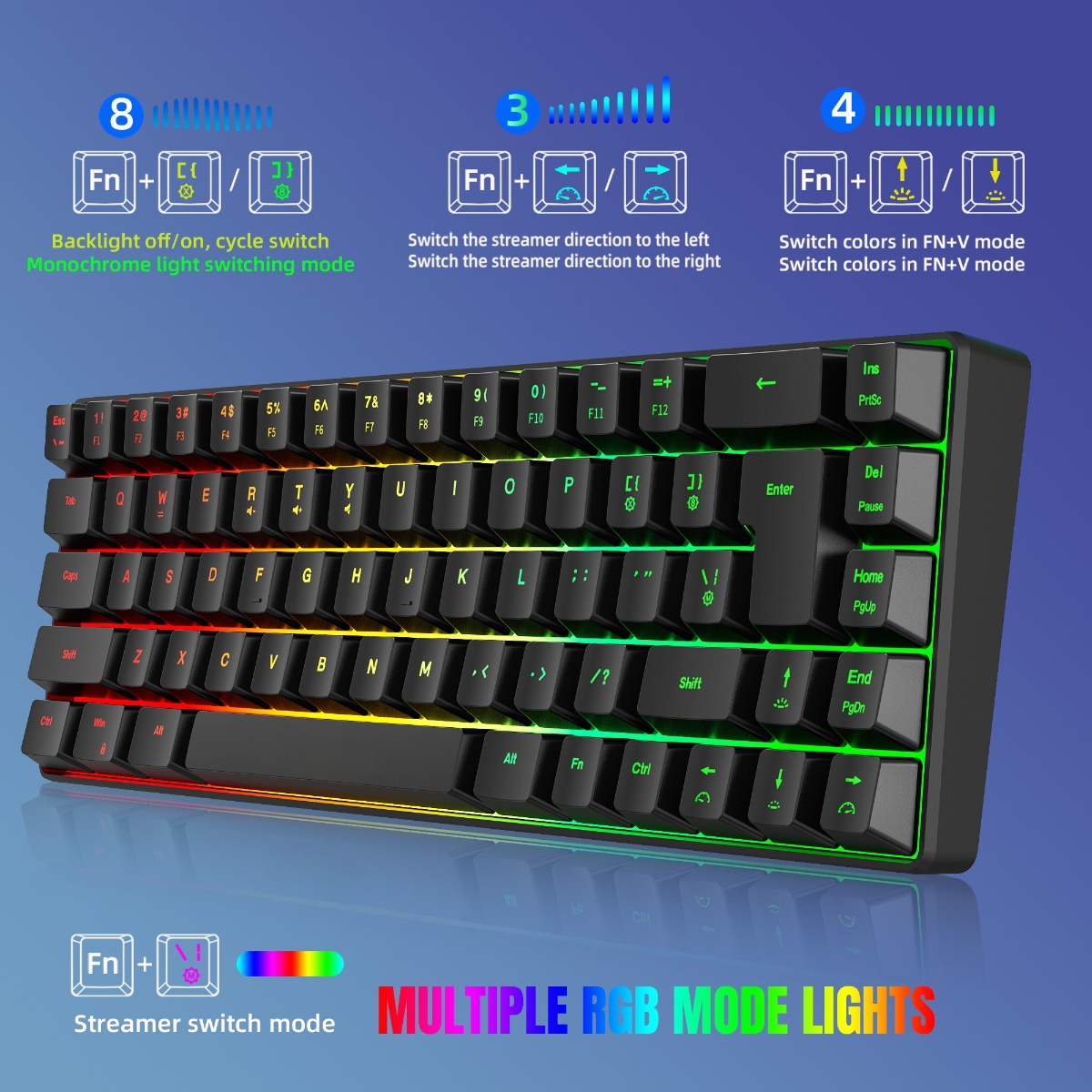 RGB-Mechaniktastatur mit mehrfarbiger Beleuchtung und Funktionstasten. Draufsicht, schwarze Tasten.