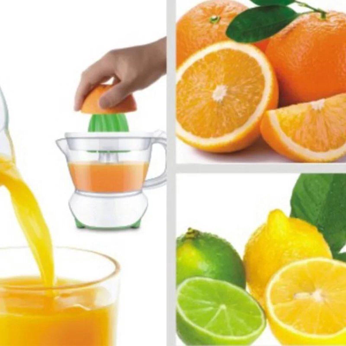 Orangen und Zitronen werden entsaftet. Eine Hand presst eine Orange über eine Saftpresse. Saft wird gegossen.