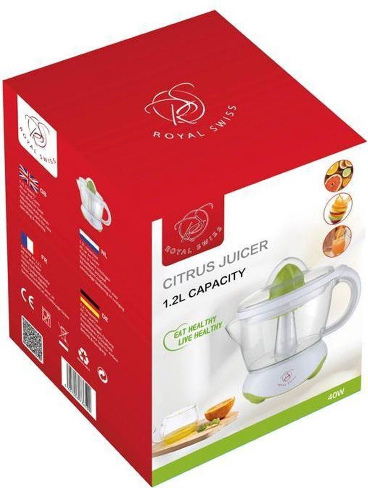 Rote und weiße Royal Swiss Zitruspressenbox mit der abgebildeten Zitruspresse auf der Vorderseite.