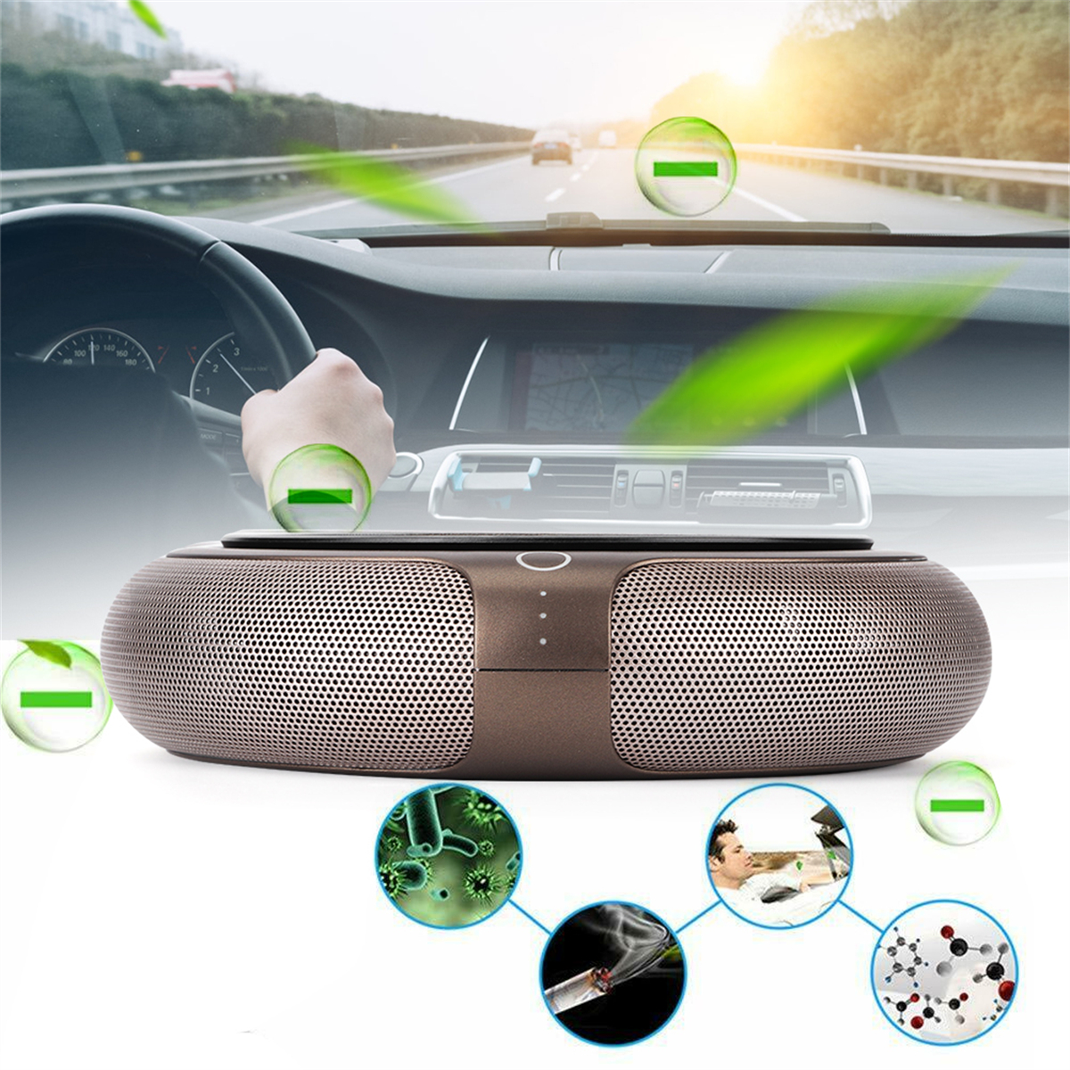 Luftreiniger im Auto, mit Symbolen, die die Verbesserung der Luftqualität und Filtrationsprozesse zeigen.