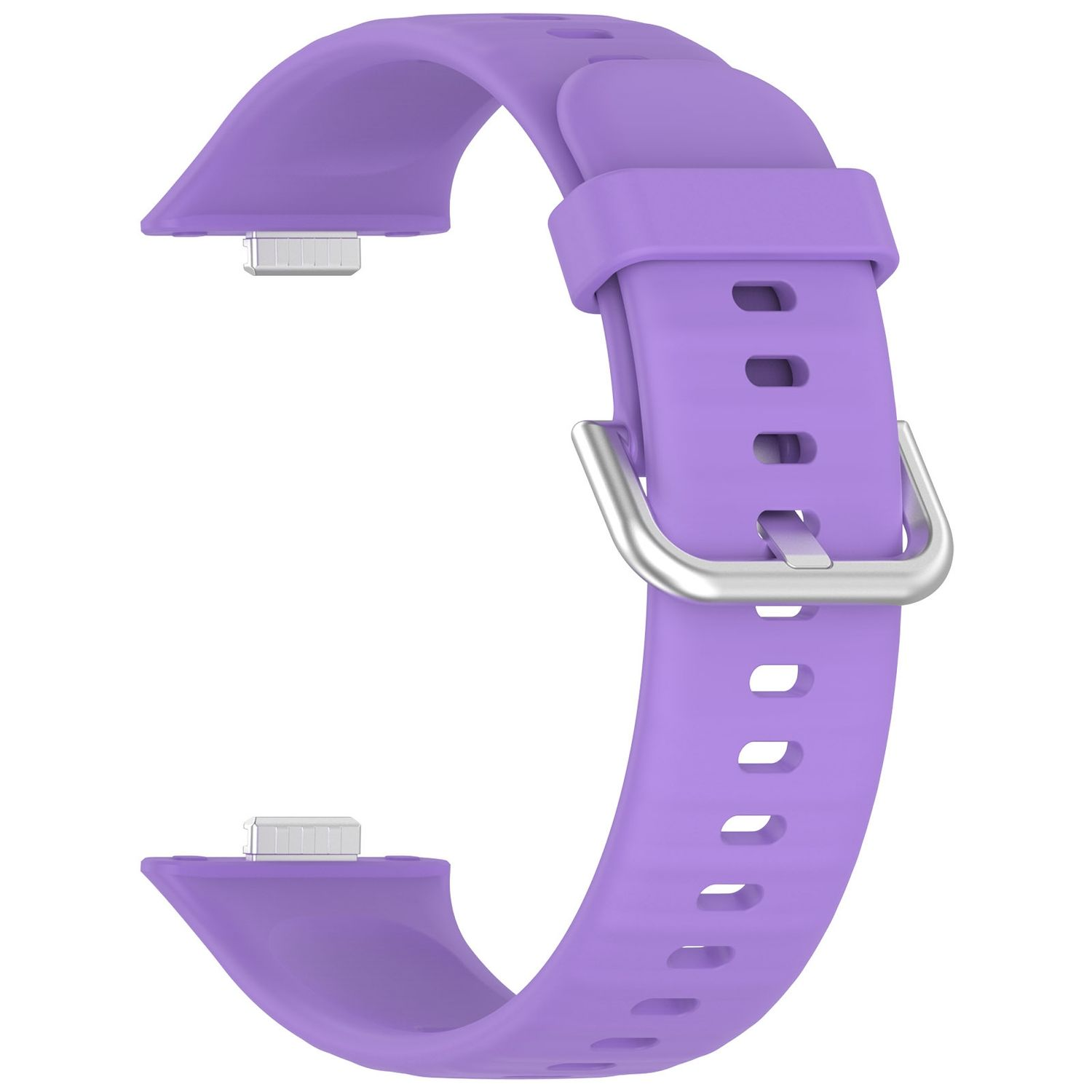 Lilafarbenes Uhrenarmband mit silberner Schnalle und silbernem Anschluss.