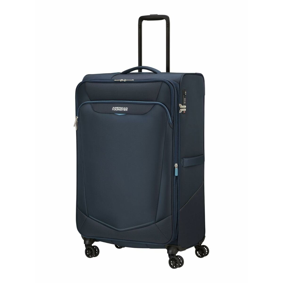 Ein marineblauer American Tourister Koffer mit schwarzem Griff und Rollen, aufrecht stehend.