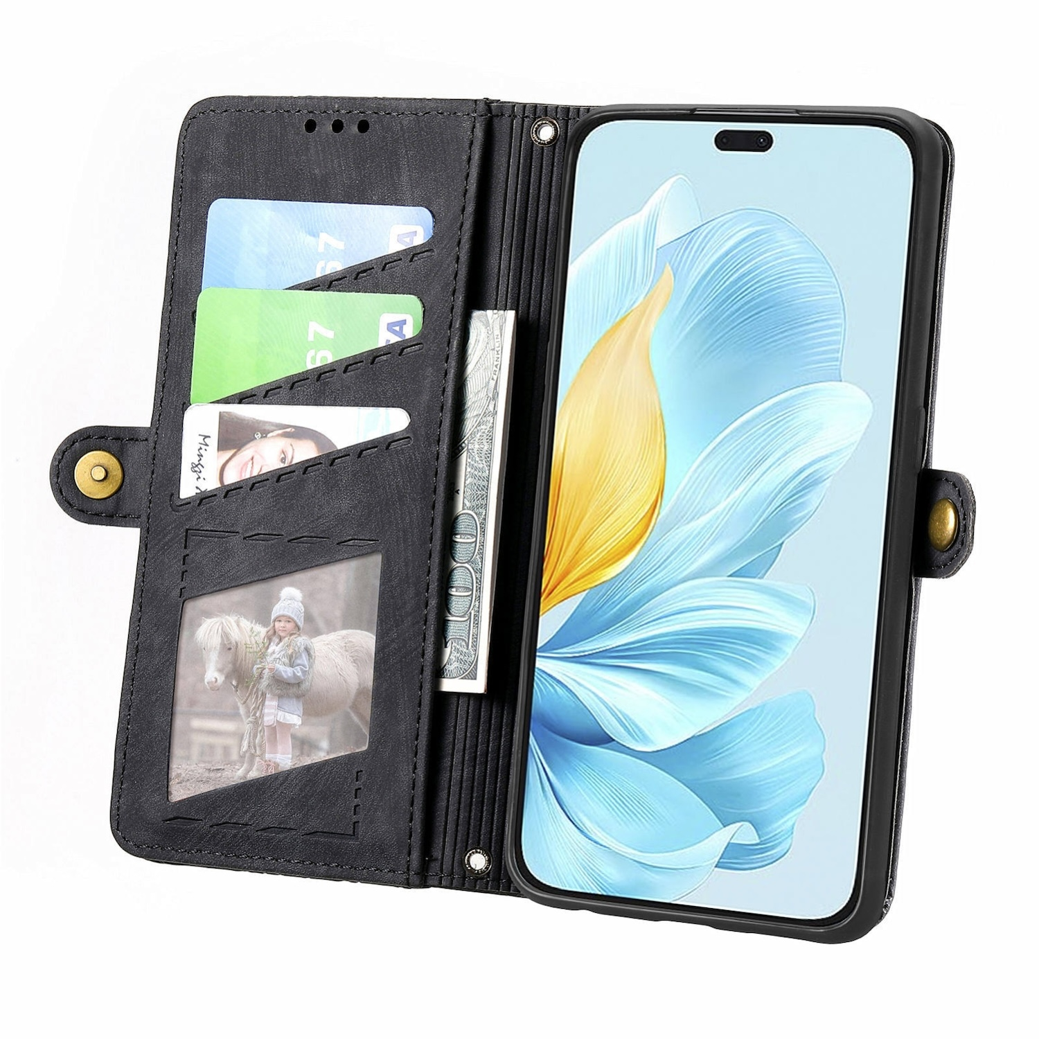Schwarzes Handy-Etui offen mit Karten und Geld darin. Ein Telefon mit Blumentapete befindet sich im Etui.