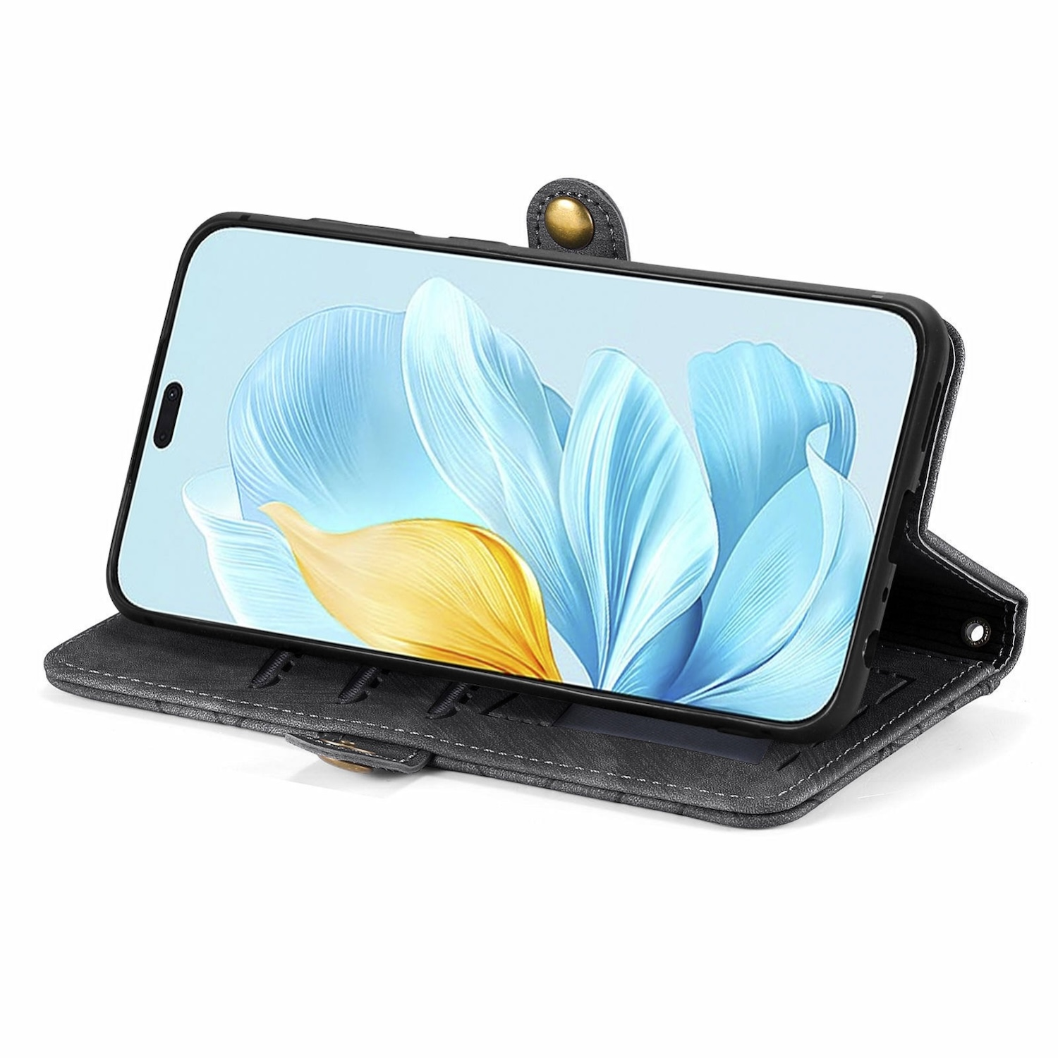 Ein Smartphone in einer grauen Brieftaschenhülle mit einem Blumenbild auf dem Bildschirm.