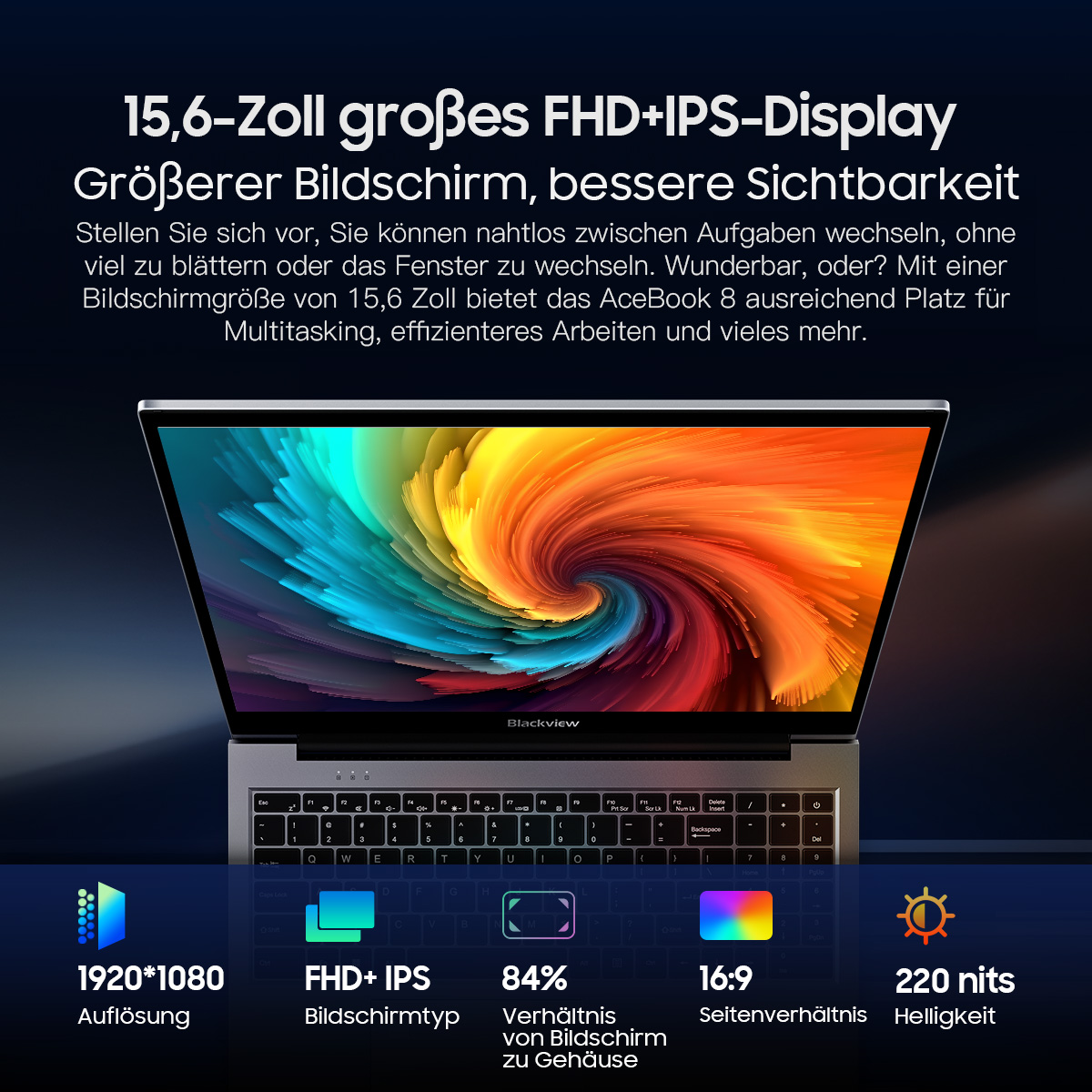Ein Laptop zeigt ein buntes abstraktes Bild. Die Tastatur ist sichtbar, ebenso Spezifikationen wie Bildschirmgröße und Auflösung.