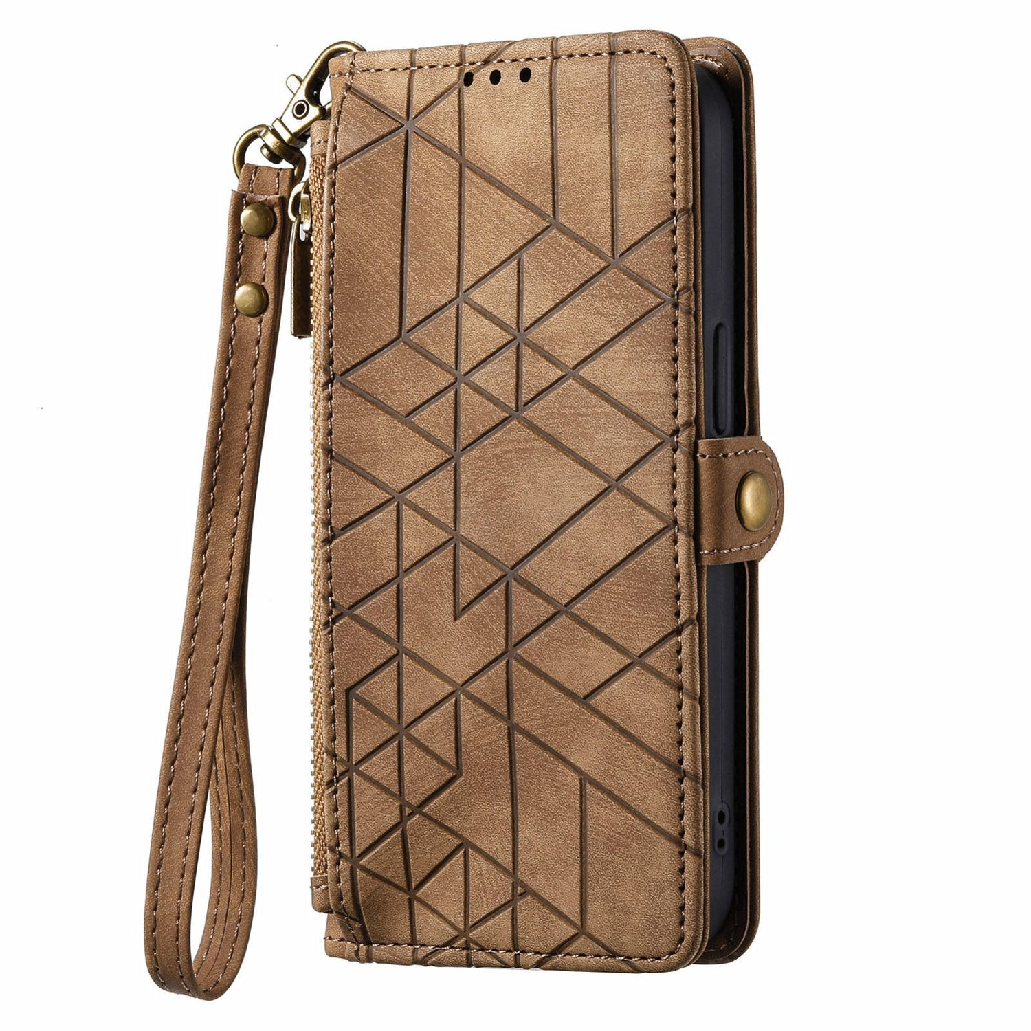 Braune Leder-Handyhülle mit geometrischem Muster, Reißverschluss und Handschlaufe.