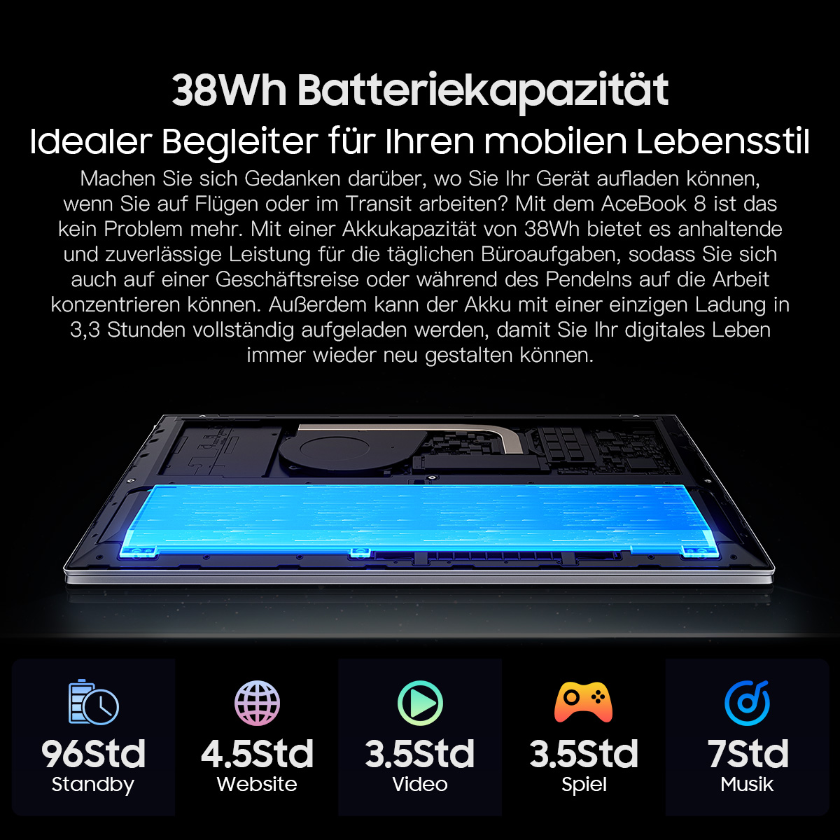 Laptop mit blau leuchtendem Bildschirm, Text über Akkukapazität und Nutzungszeiten für Standby, Website, Video, Spiel und Musik.