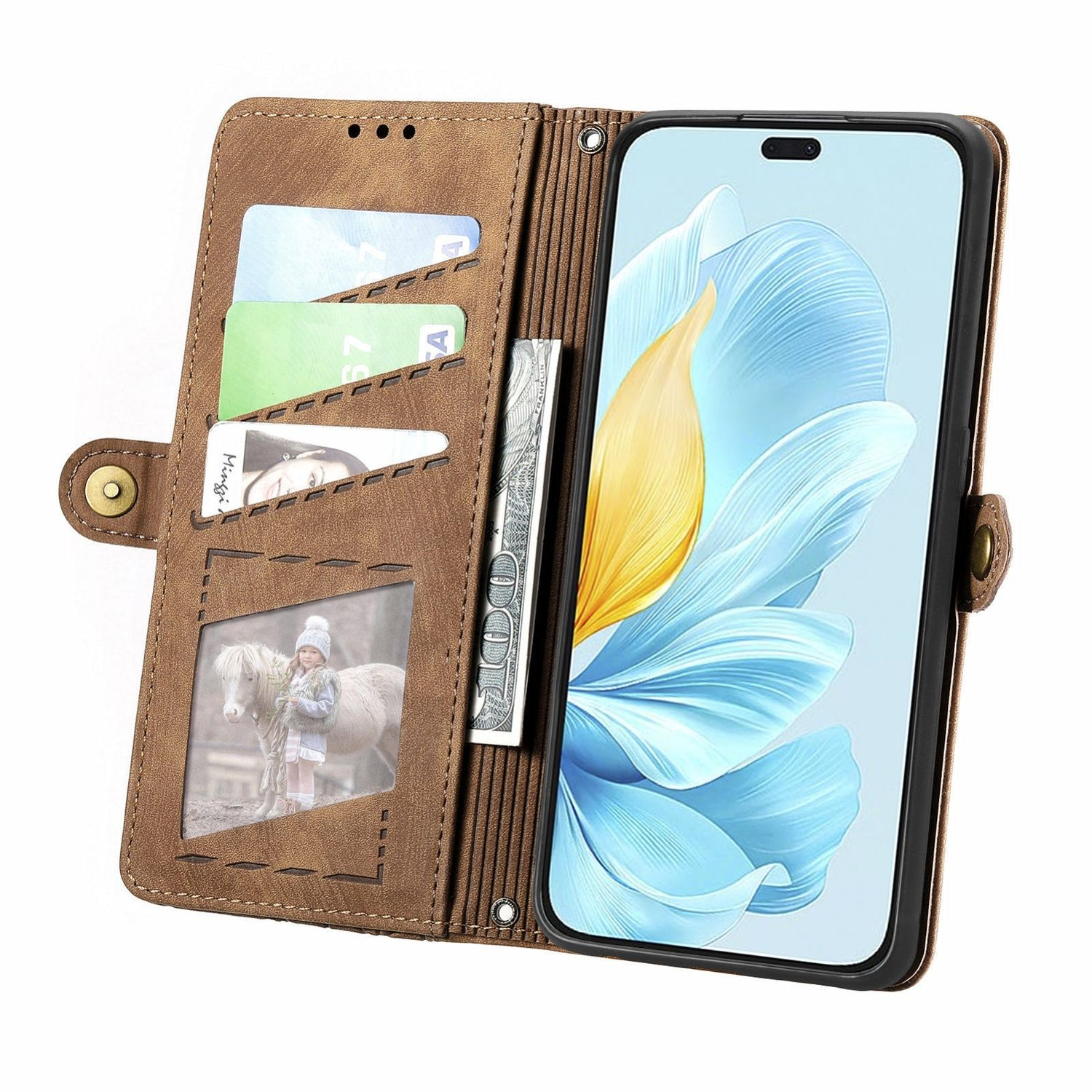 Braune Leder-Handyhülle mit Karten, Geld und Foto. Telefon zeigt ein Blumenbild.