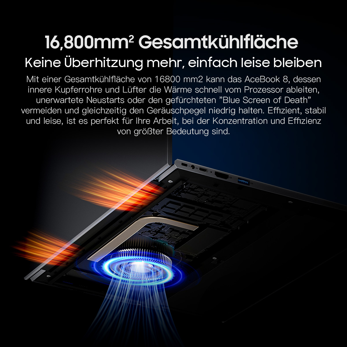 Internes Kühlsystem des Laptops. Kupferrohre, Lüfter und Wärmeableitung werden hervorgehoben, mit Text zur Effizienz.