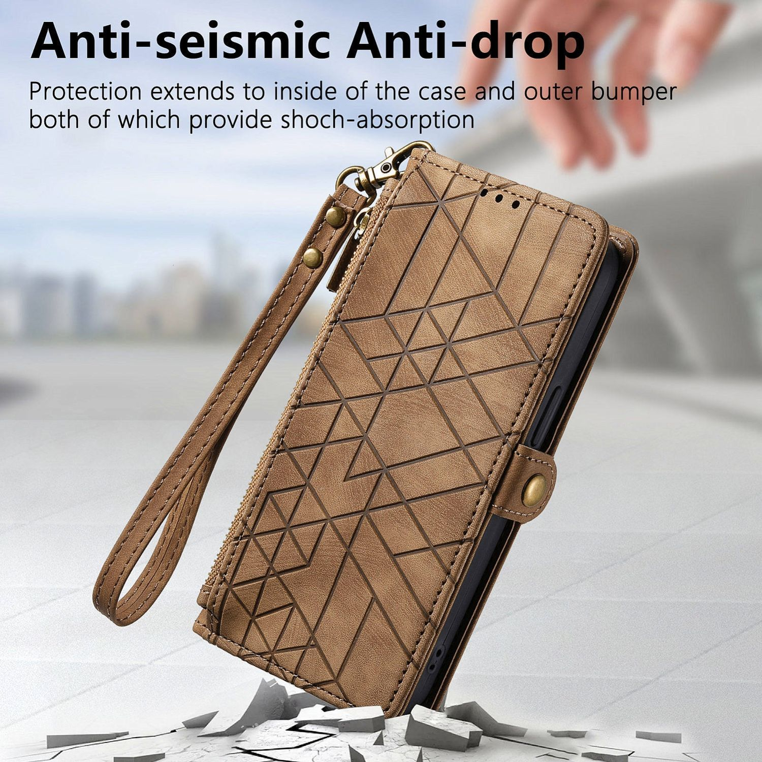 Braune Handyhülle mit geometrischem Muster. Es liegt auf einer Oberfläche mit Riss.