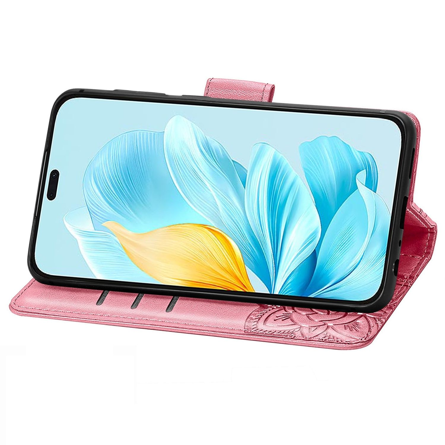 Rosa Handyhülle mit floralem Design, offen mit einem Telefon darin. Der Bildschirm zeigt eine blaue Blume.